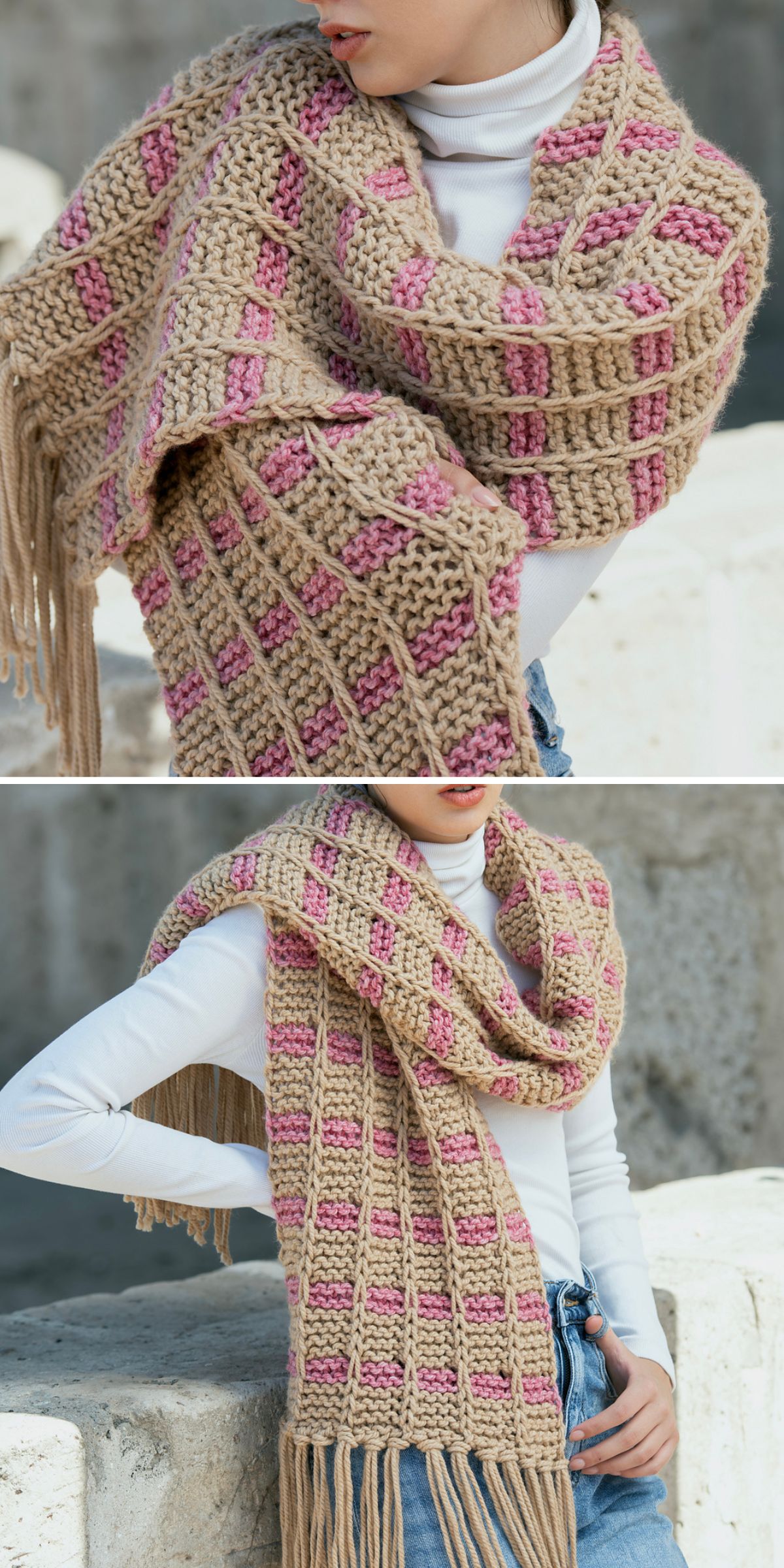 a woman wearing a chunky handmade scarf 