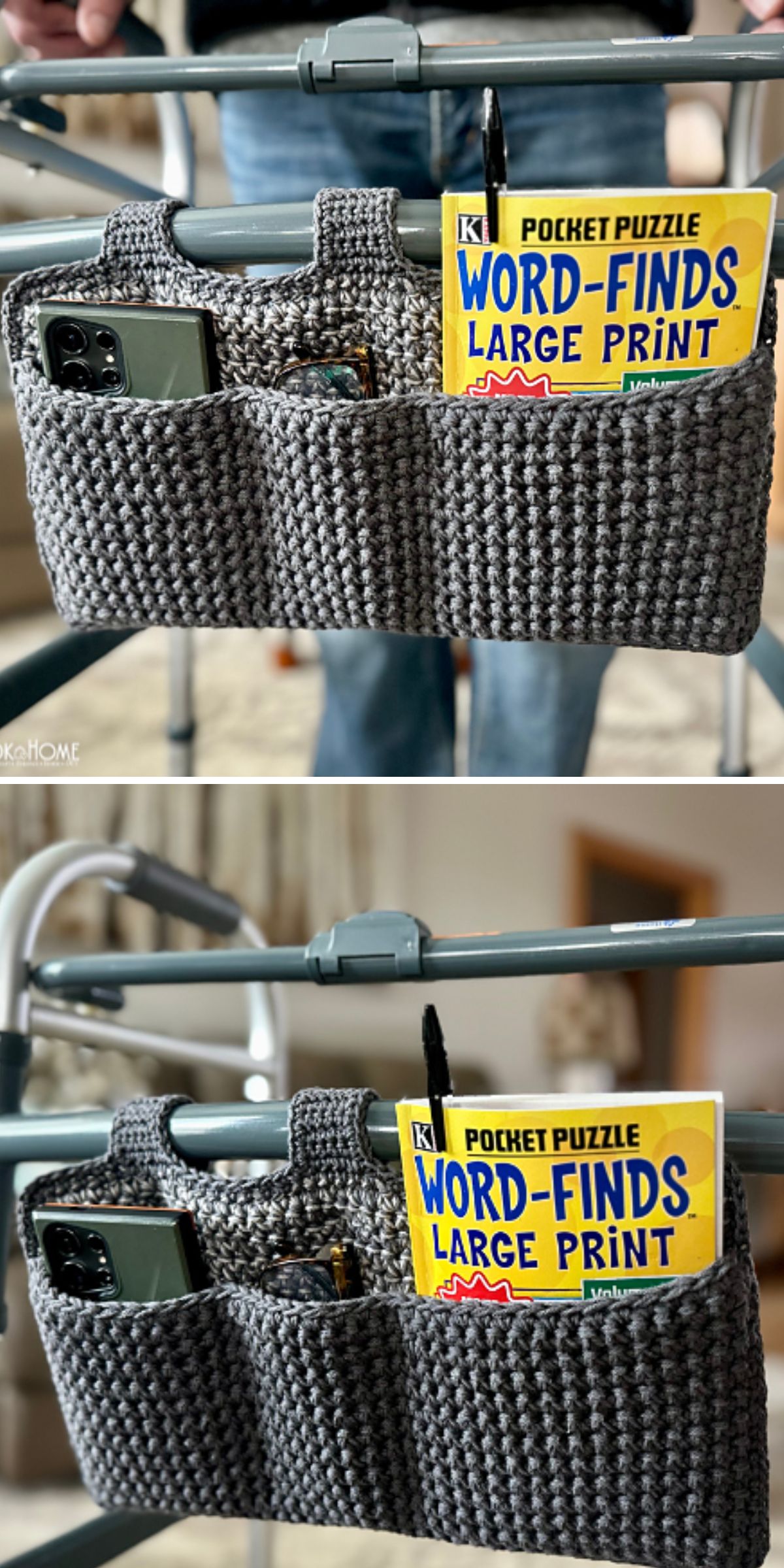 a crochet walker organizer in a grey color