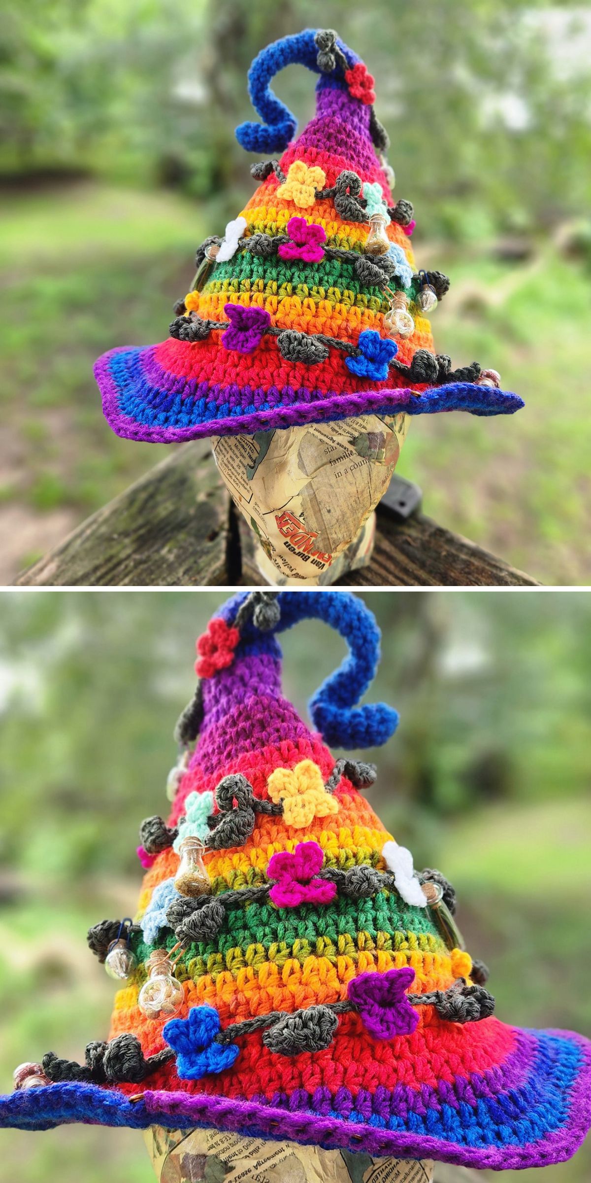 a rainbow-colored crochet witch hat adorned with flowers