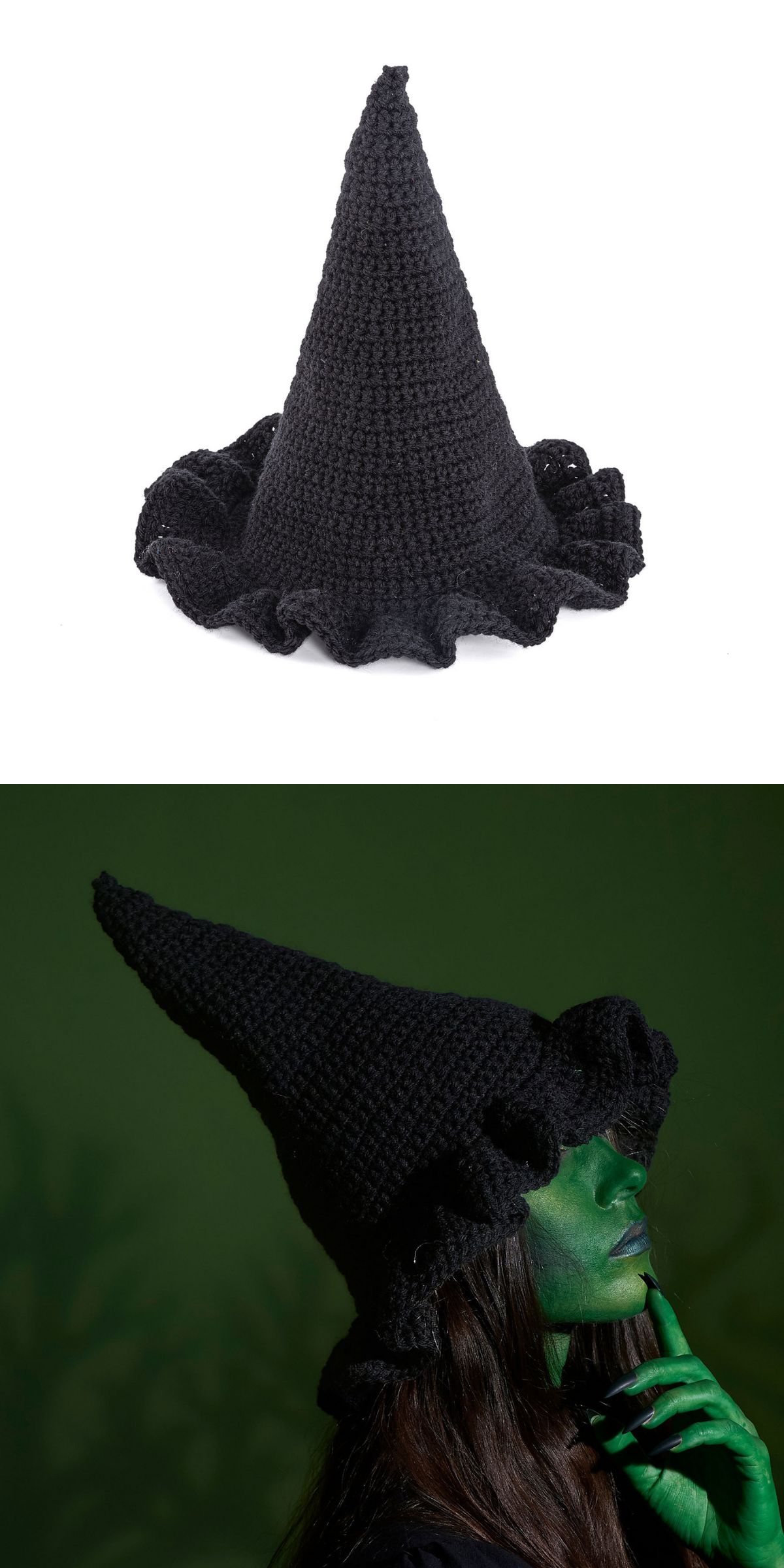 a black crocheted witch hat