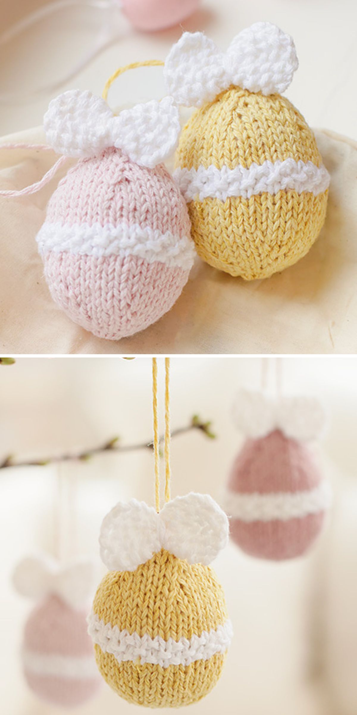 Pink and yellow knitted easter egg ornaments with white bows and stripes, displayed on a surface and hanging from strings.