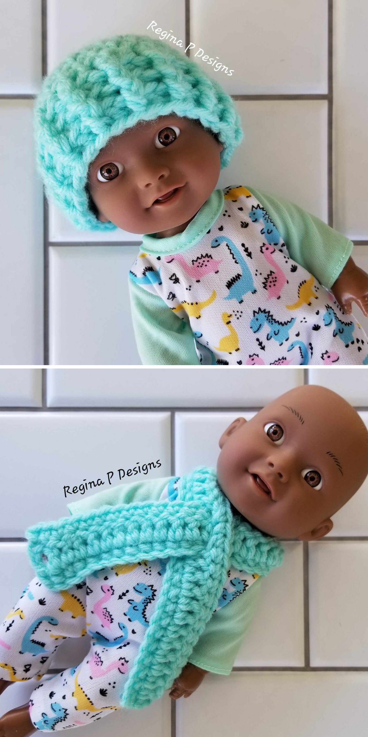 a crochet doll beanie and scarf in a light turquoise color