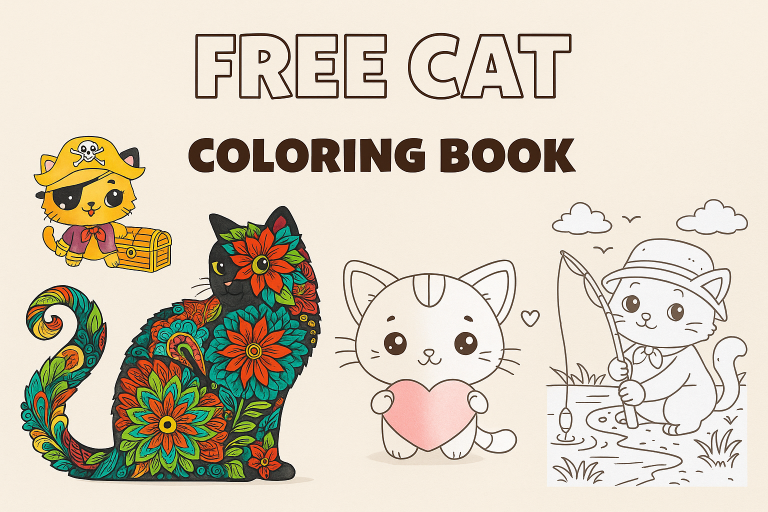 Free cat coloring book cover featuring four black-and-white illustrations: a pirate cat with treasure chest, a mandala floral cat, a kitten holding a heart, and a fishing cat — printable coloring pages for kids and adults.