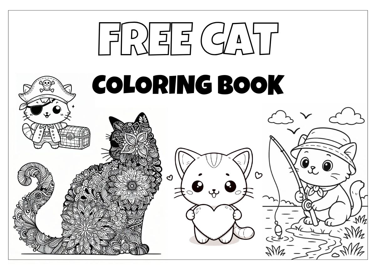 Free cat coloring book cover featuring four black-and-white illustrations: a pirate cat with treasure chest, a mandala floral cat, a kitten holding a heart, and a fishing cat — printable coloring pages for kids and adults.