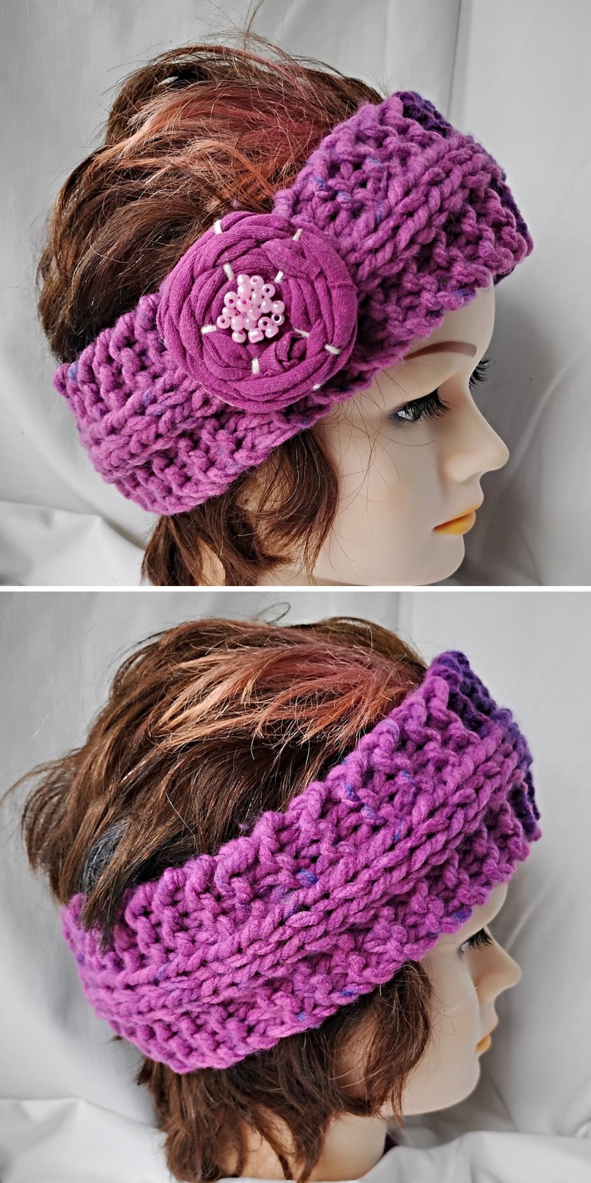 a chunky knitted headband in a deep purple color