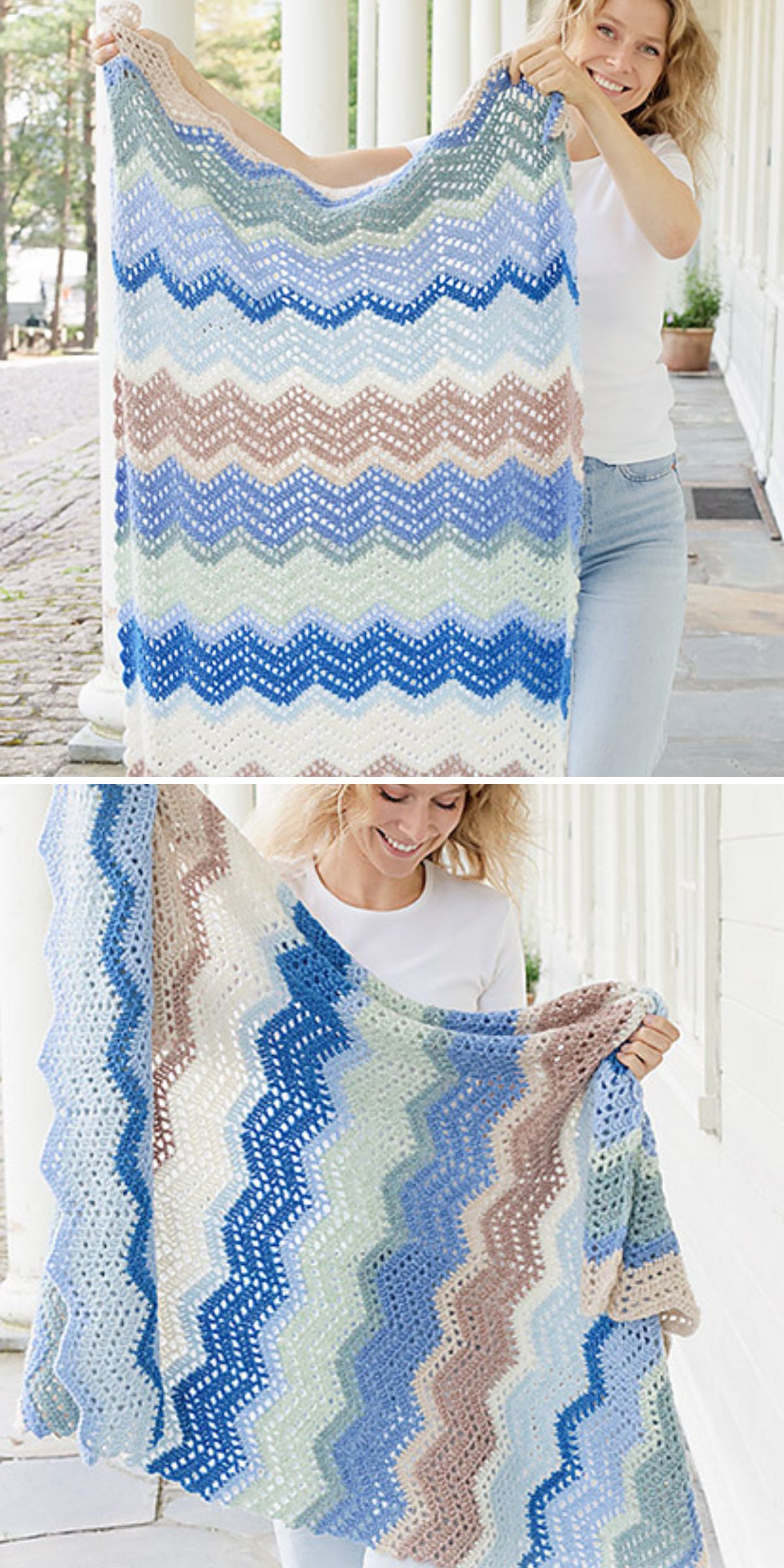 a chevron crochet blanket in shades of blue, beige, and cream. 