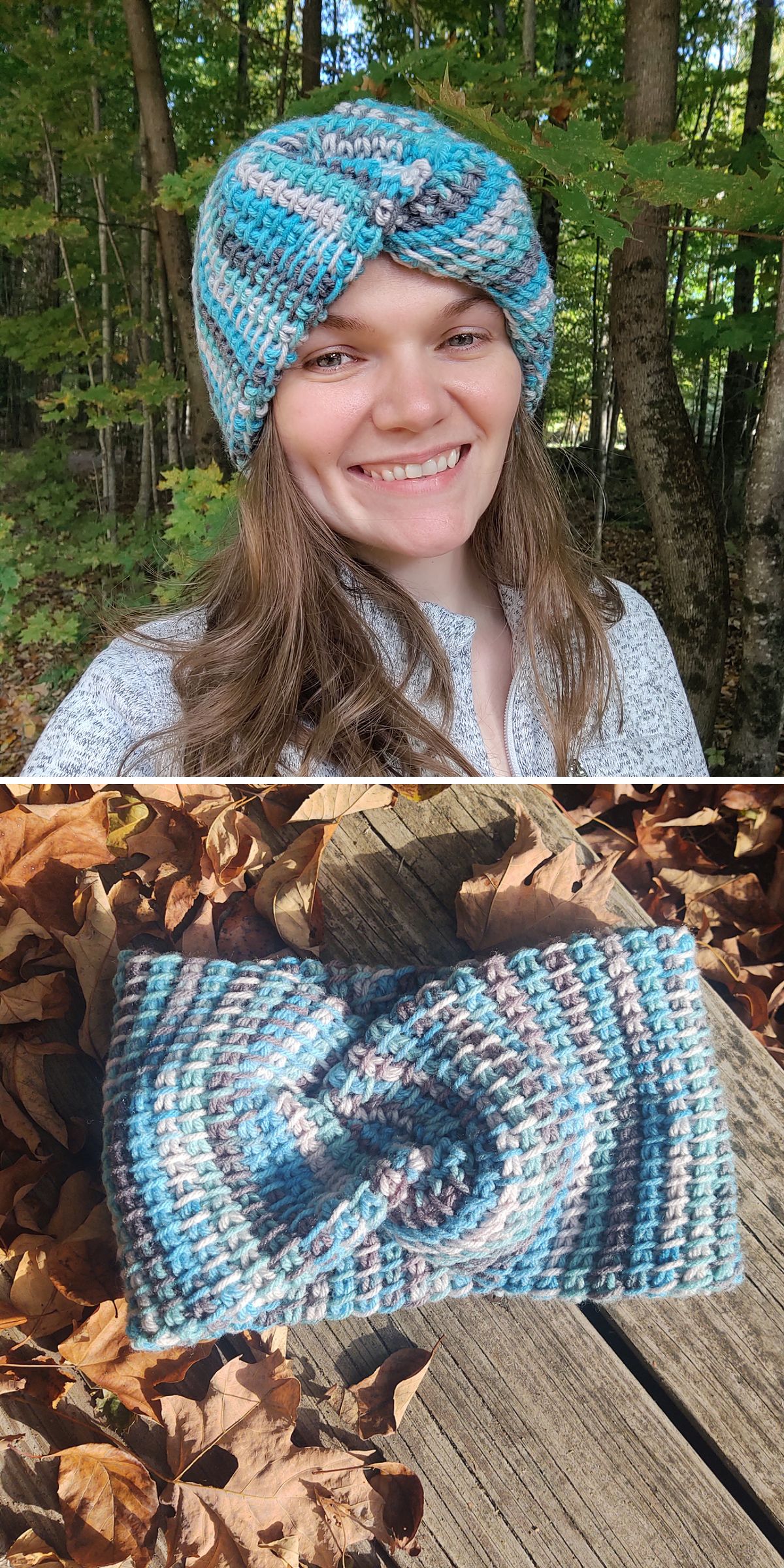 a wide crochet headband in blue and grey shades
