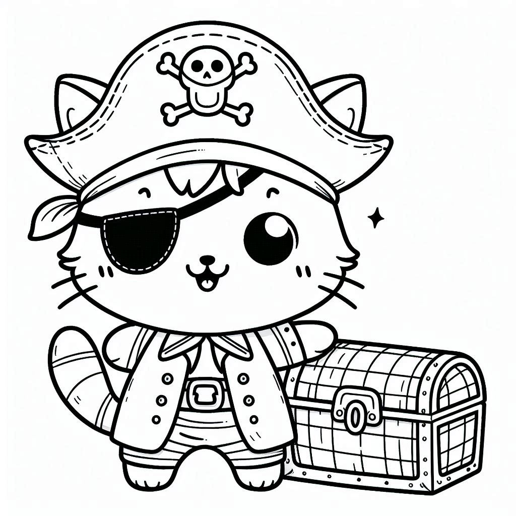 Pirate-themed cartoon cat with an eye patch and treasure chest — adventurous cat coloring page for kids.