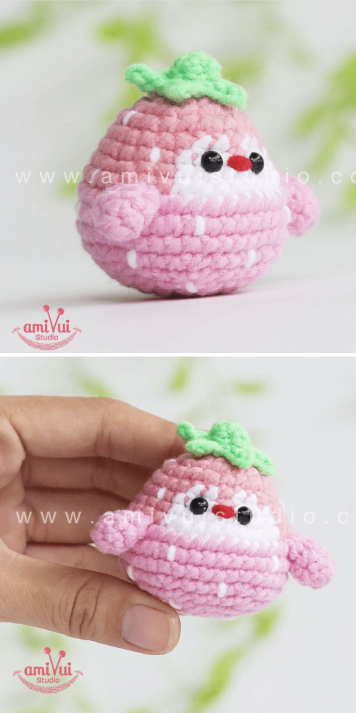 a cute amigurumi strawberry keychain with arms and face