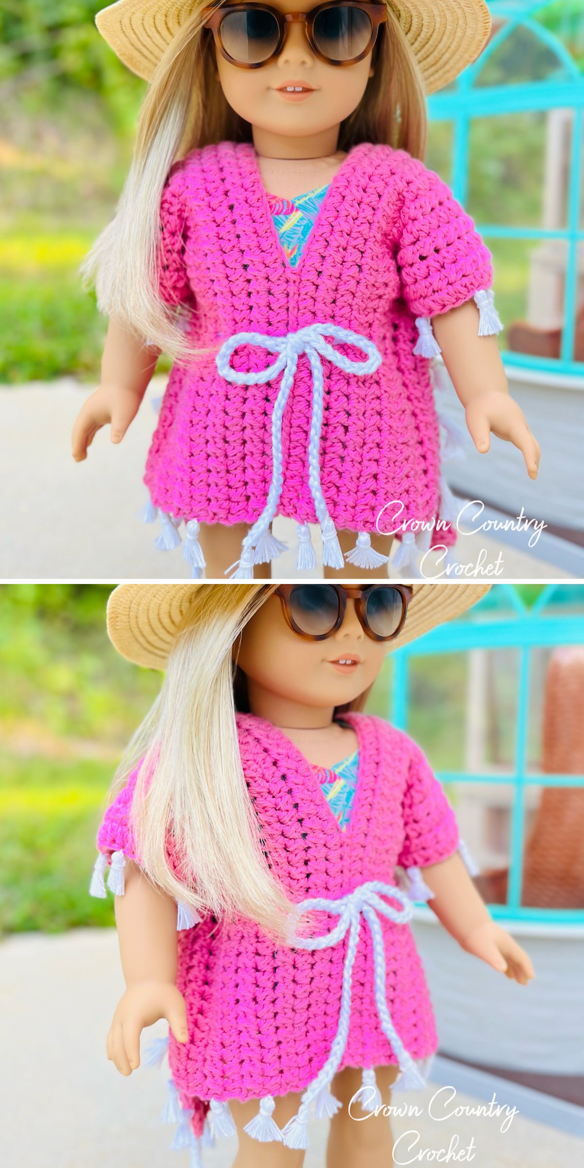 a crochet doll beach cover-up in pink