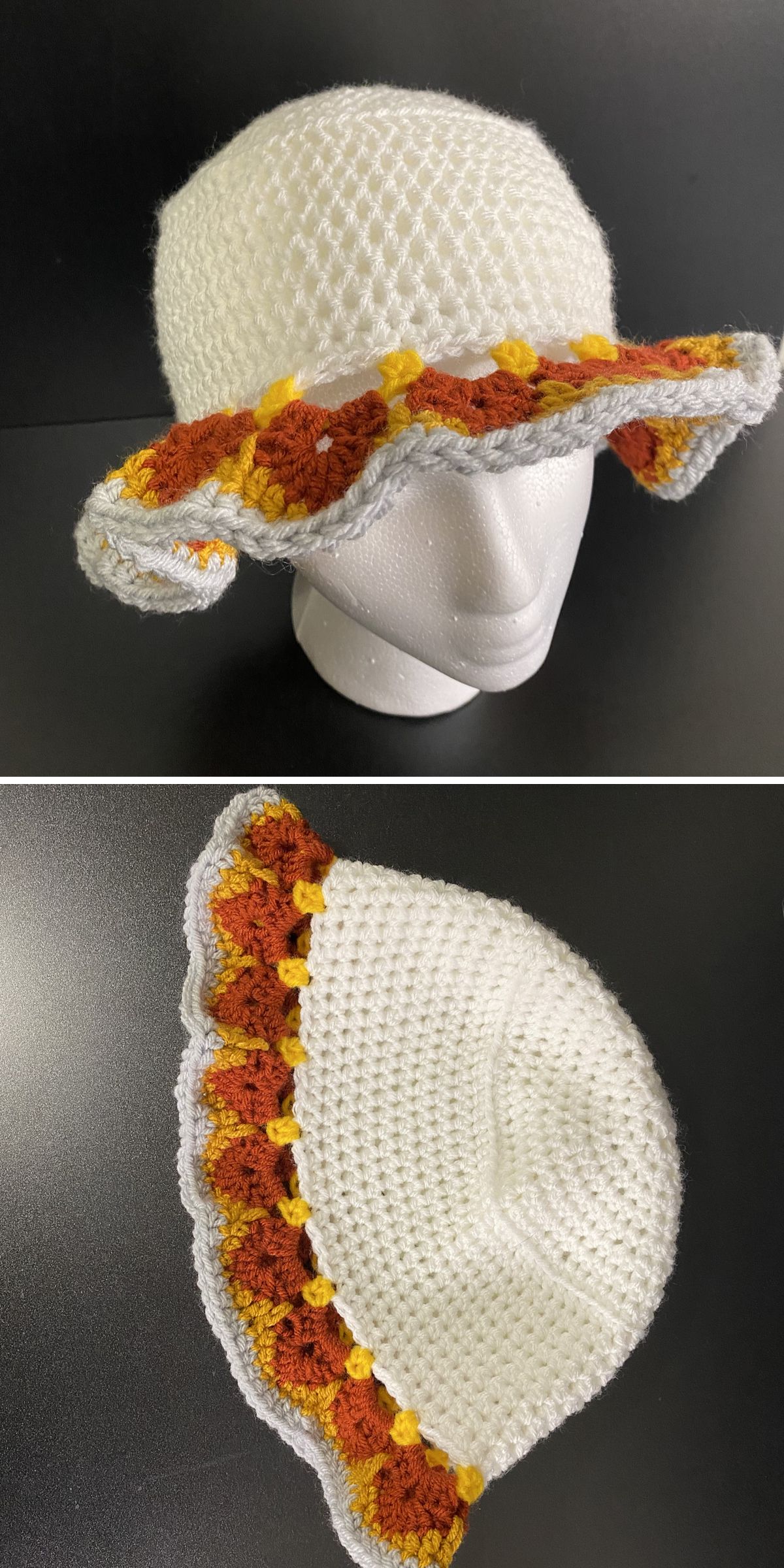 an elegant crochet bucket hat with a colorful brim