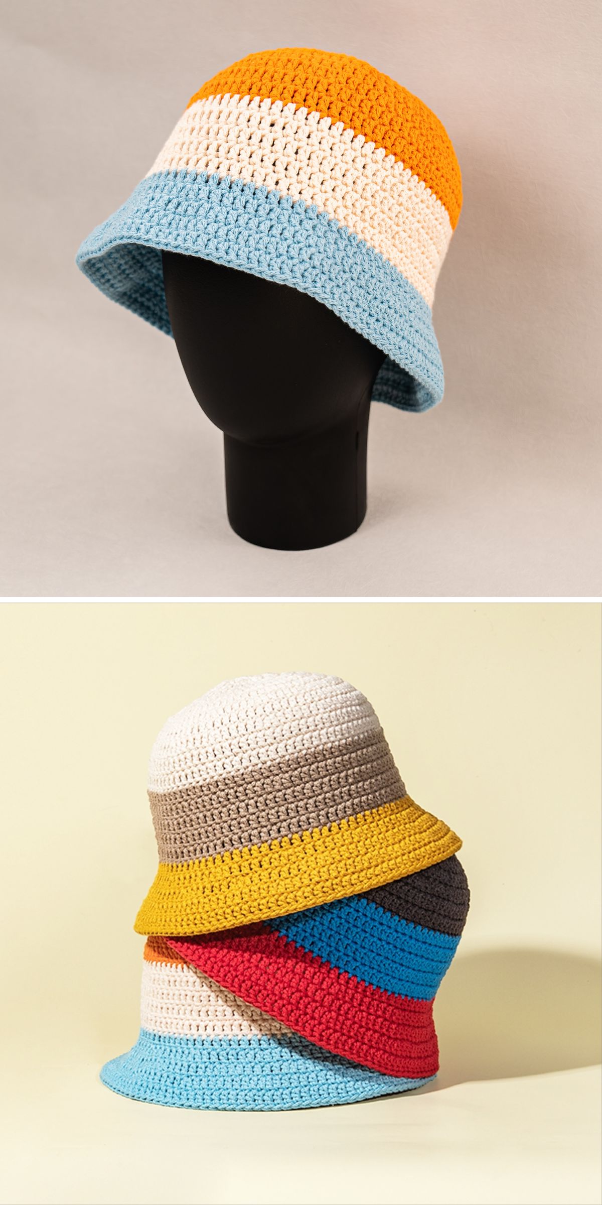 a set of classic three-colored crochet bucket hats