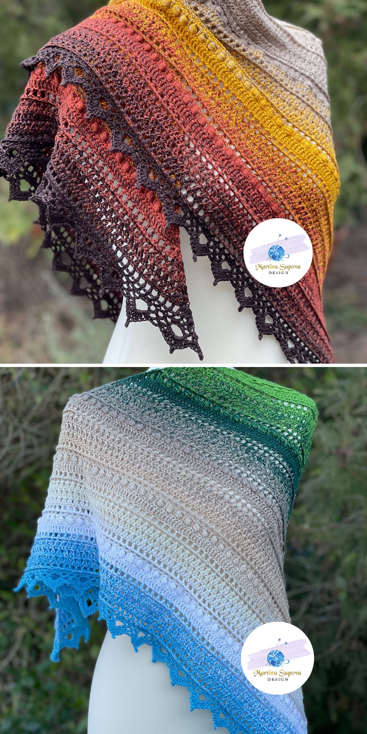a triangular crochet lace shawl with a multicolored design
