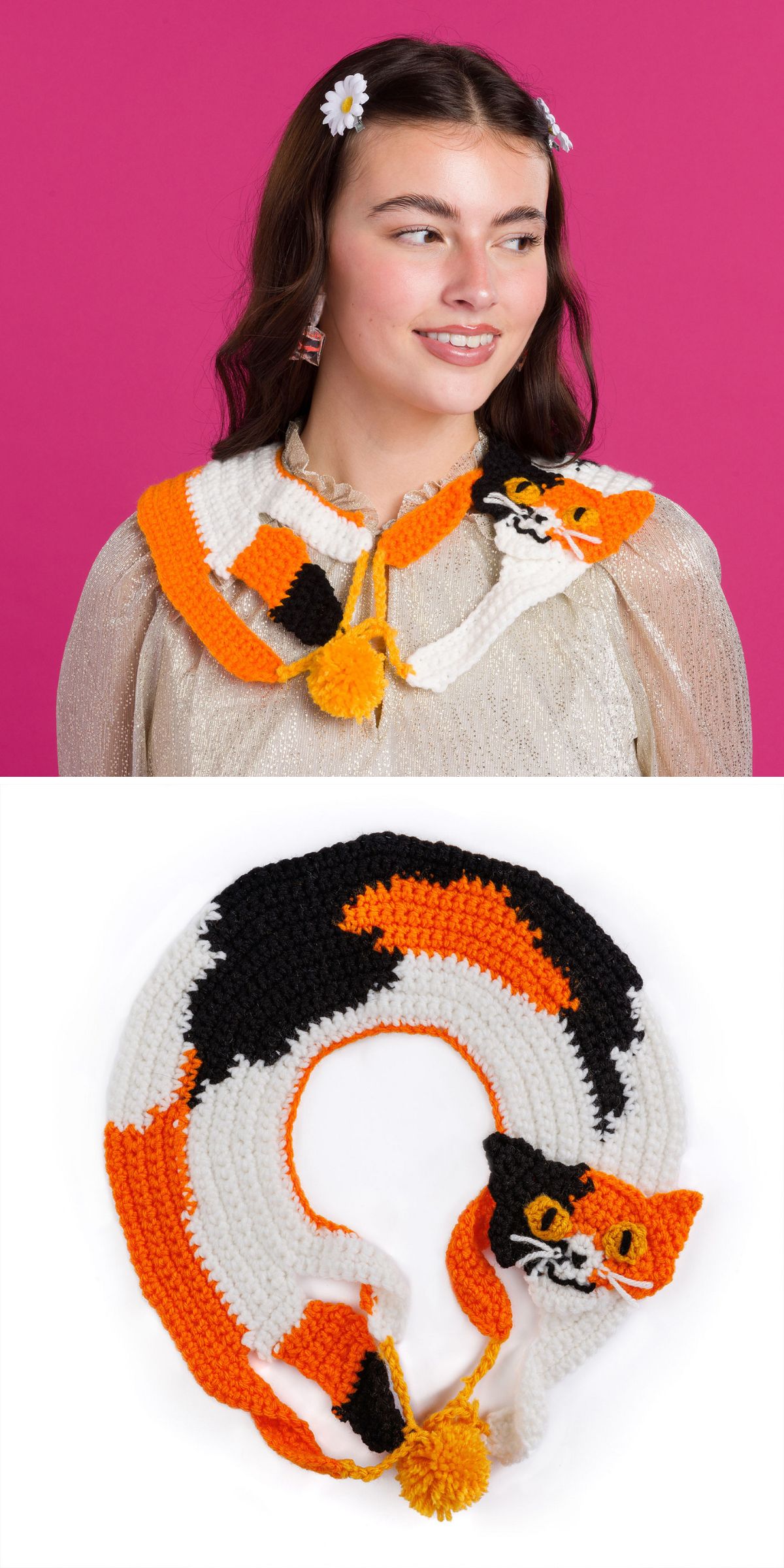 A woman wears a crochet collar scarf shaped like a calico cat, featuring orange, black, and white sections and accented with a yellow pom-pom. The scarf is also shown laid flat.