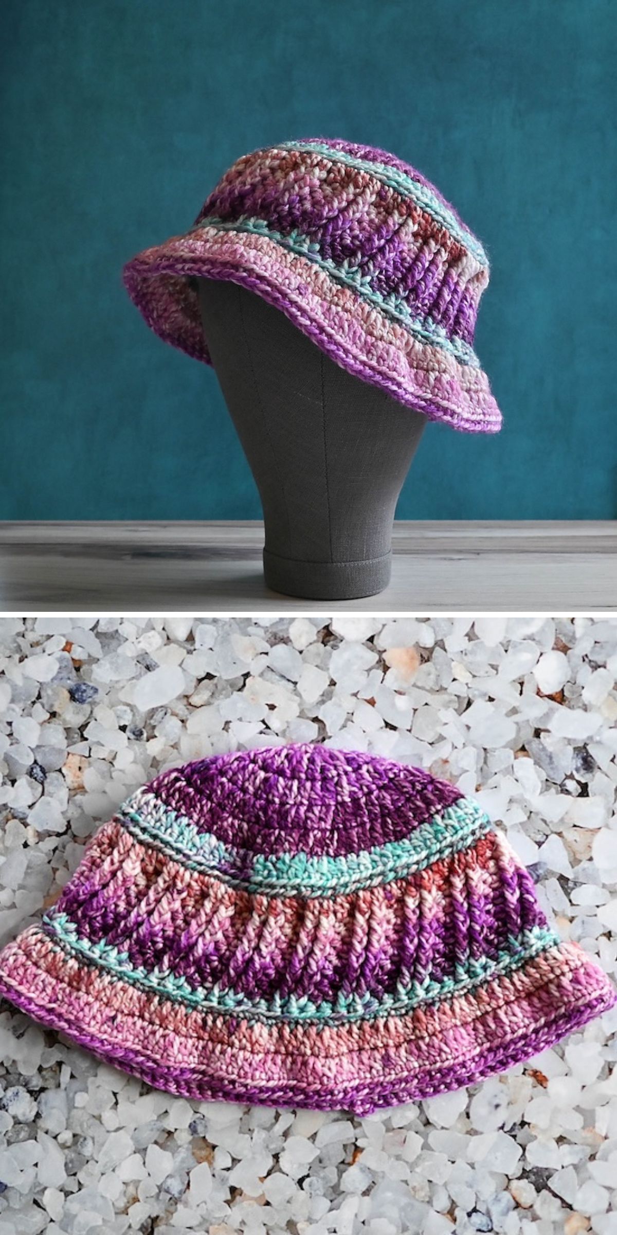 a crochet bucket hat with a rich texture and colors