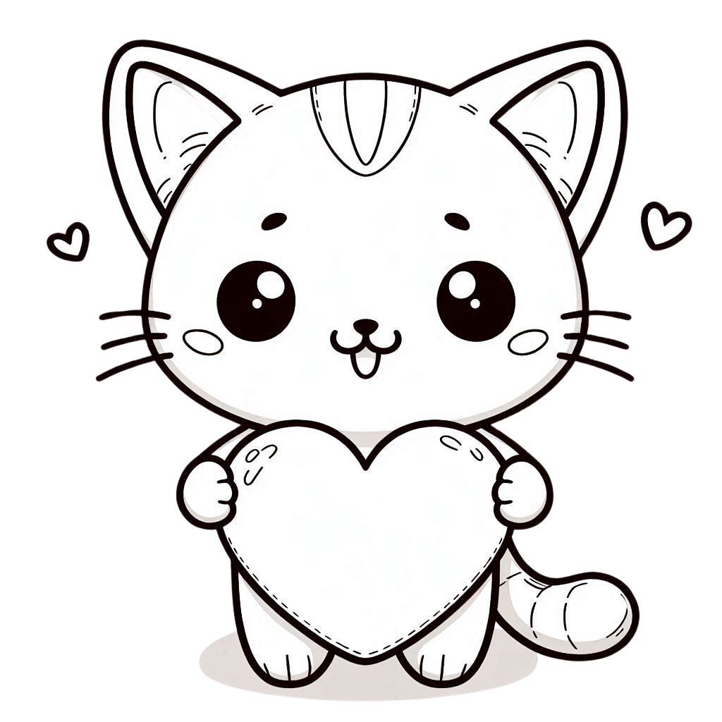Sweet cartoon cat holding a large heart with a happy expression — Valentine’s-themed cat coloring page for kids.