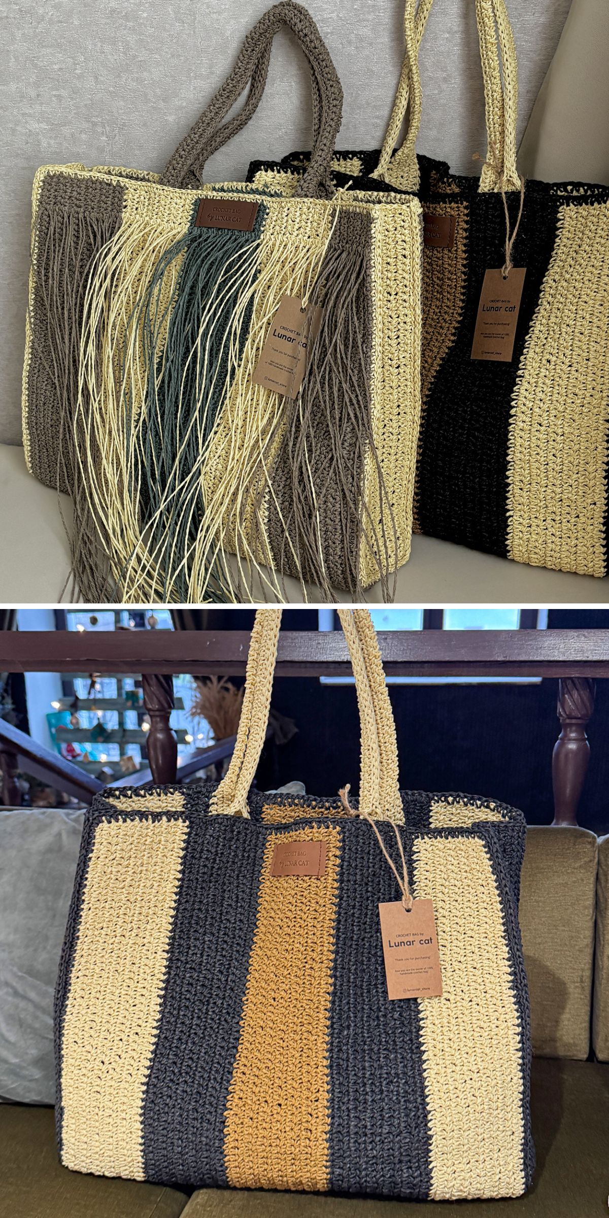 a crochet raffia tote featuring wide stripes