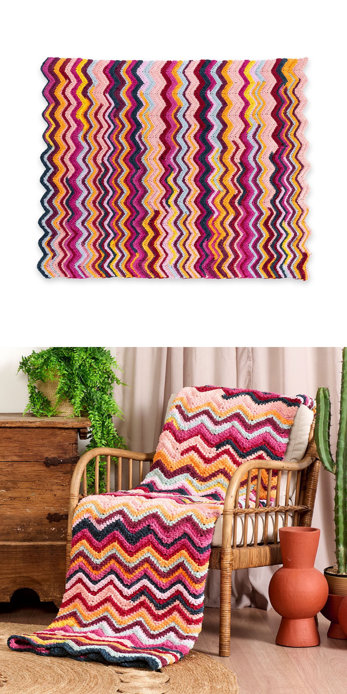 a vibrant chevron crochet throw draped over a chair