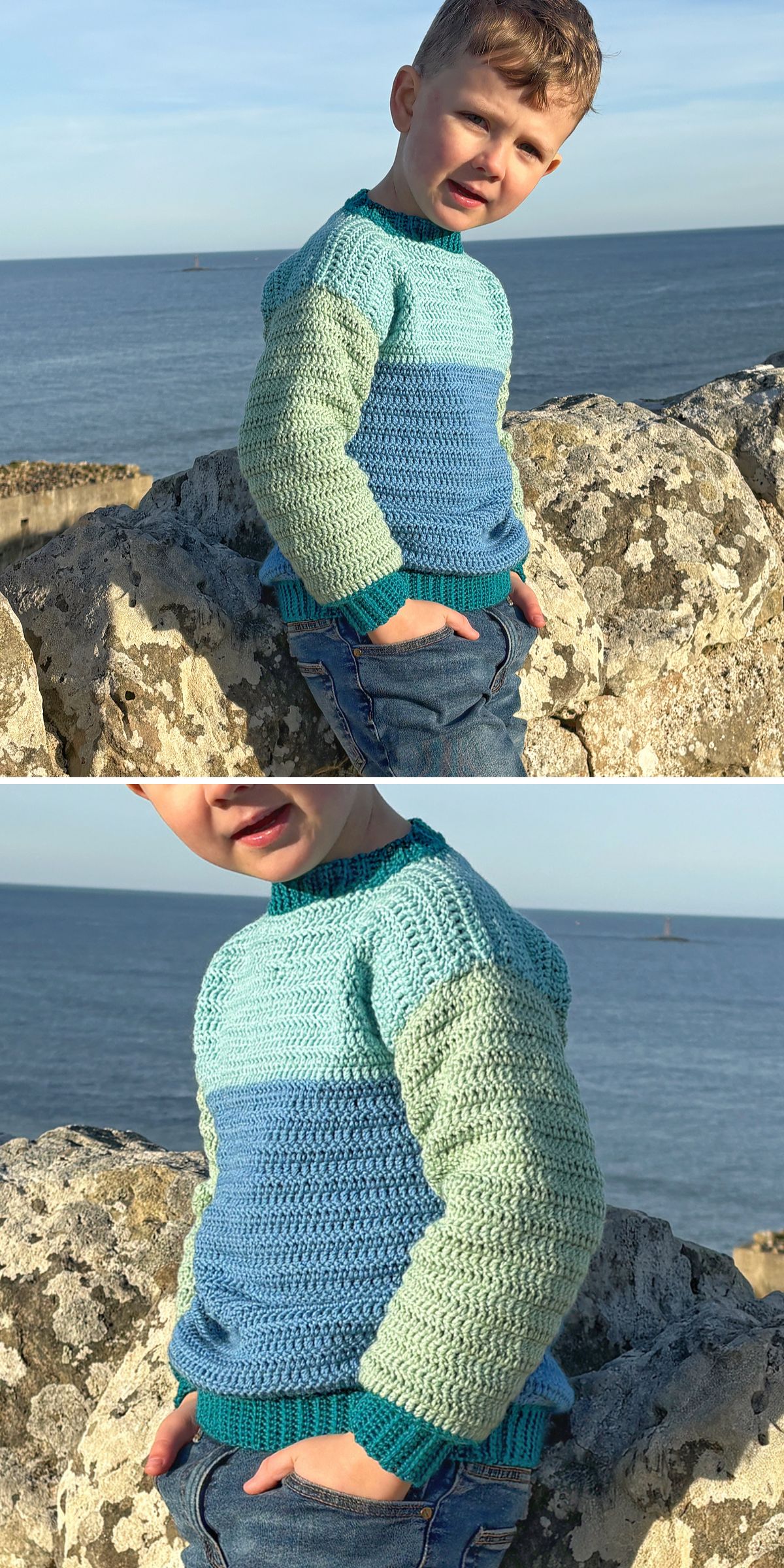 a little boy wearing a multicolored kids’ crochet sweater 