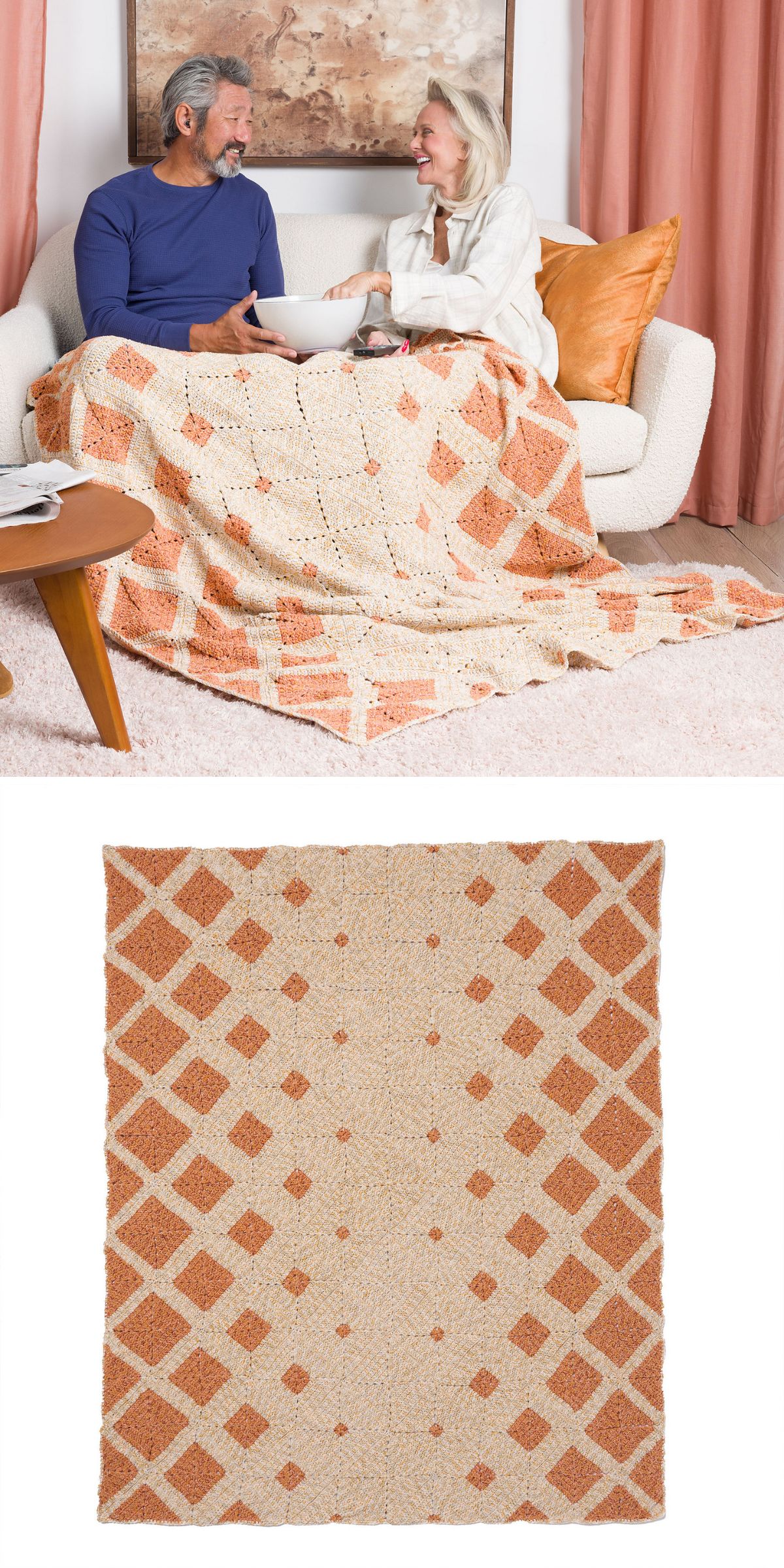 a crochet throw featuring  squares joined by a fine openwork seam