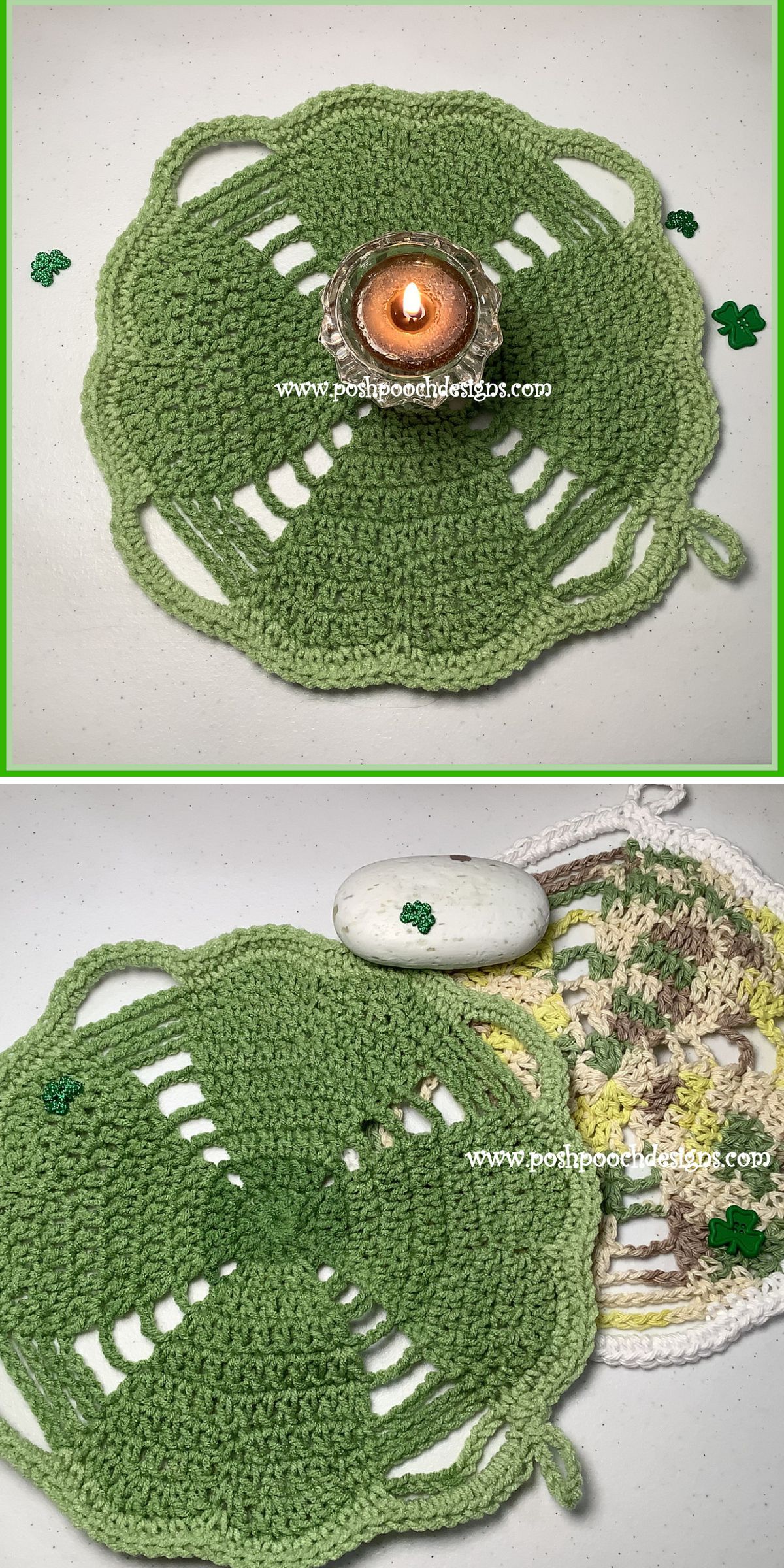 a green crochet doily shaped like a four-leaf clover