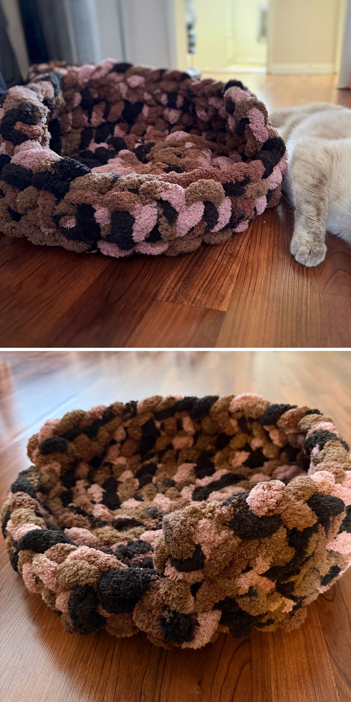a crochet cat bed made with super bulky yarn in dark earthy colors