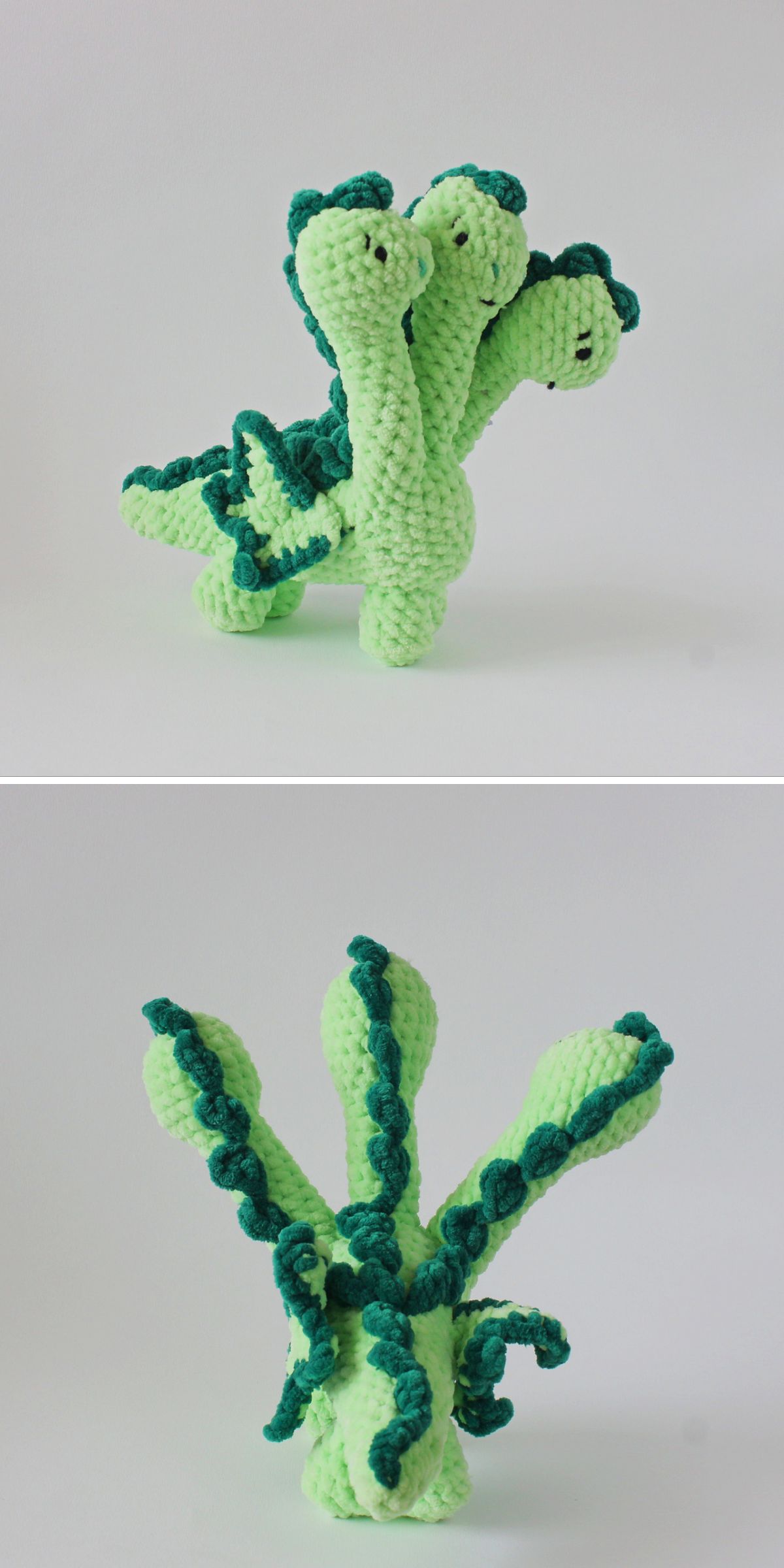 a green crocheted dragon with three heads