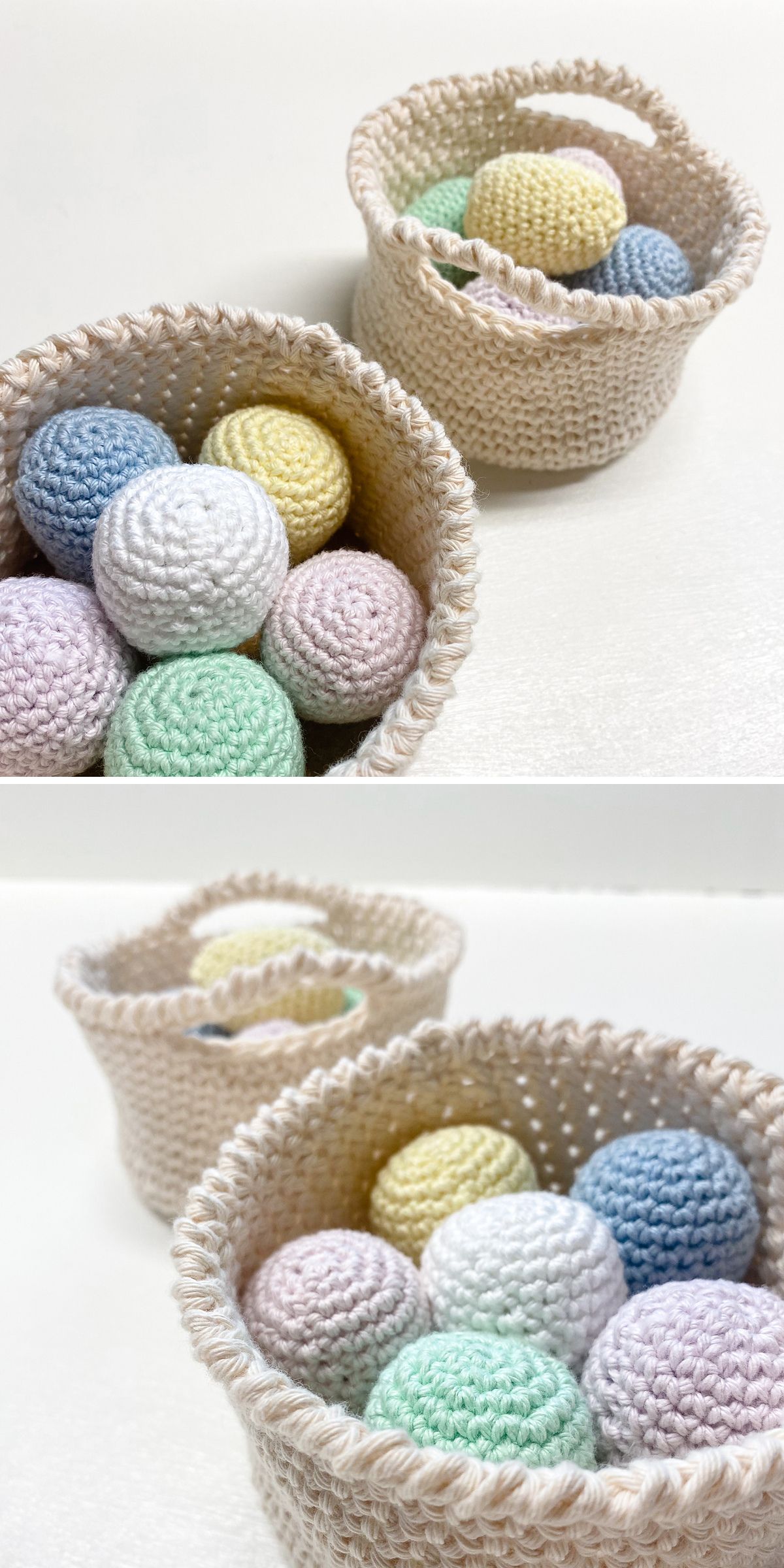 two crocheted baskets filled with crochet Easter eggs in pastel colors