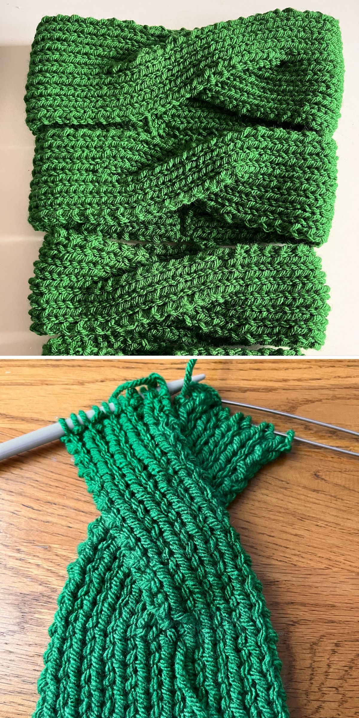 a green knitted headband with a twist front 