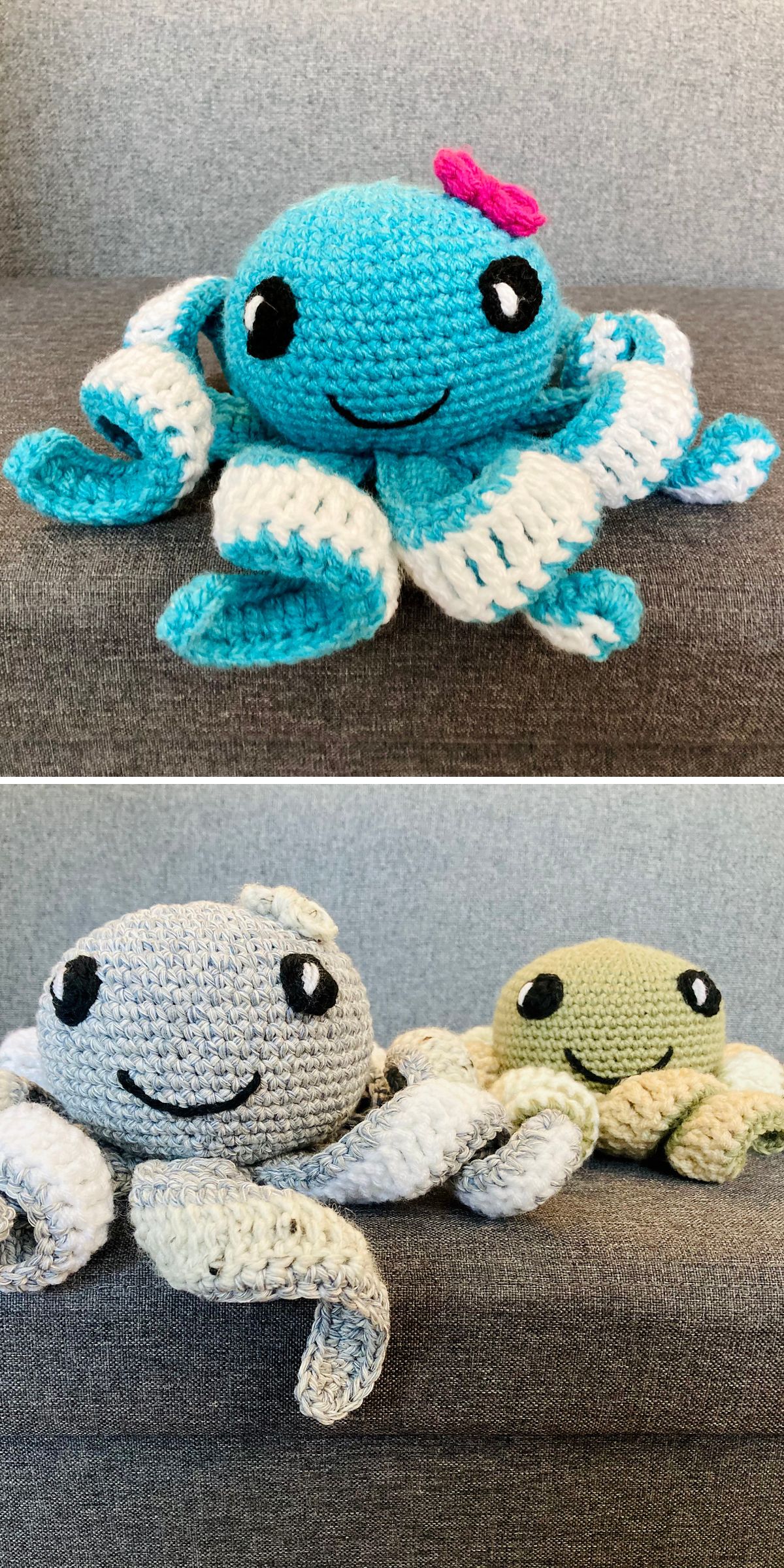 a cute crochet octopus with a pink flower on its head