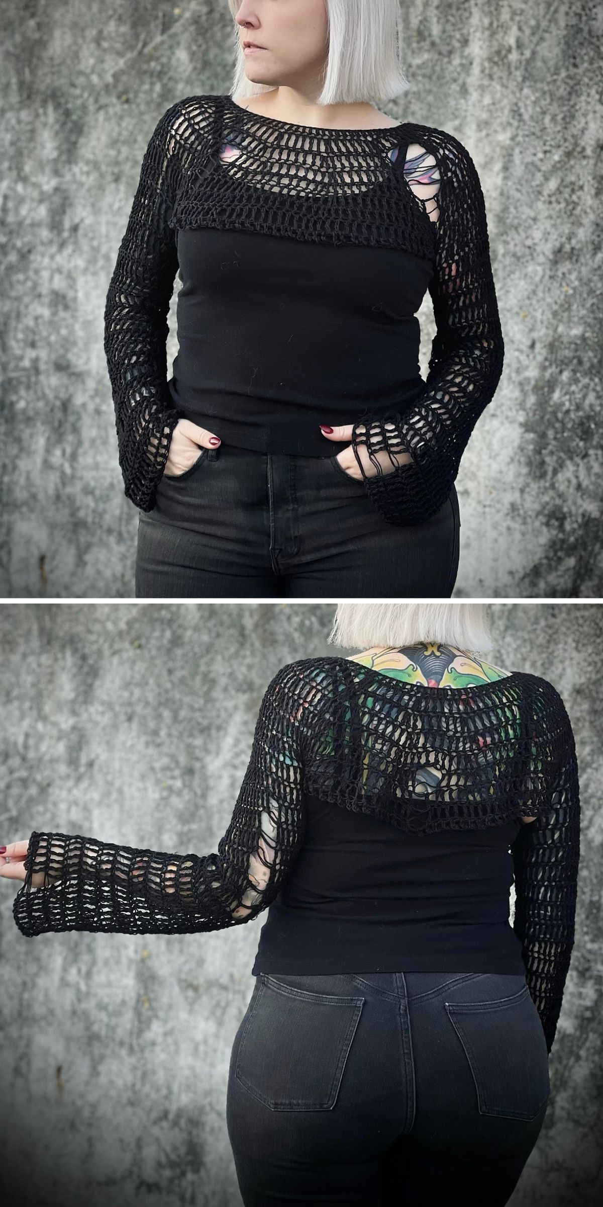 a woman wearing a black mesh top