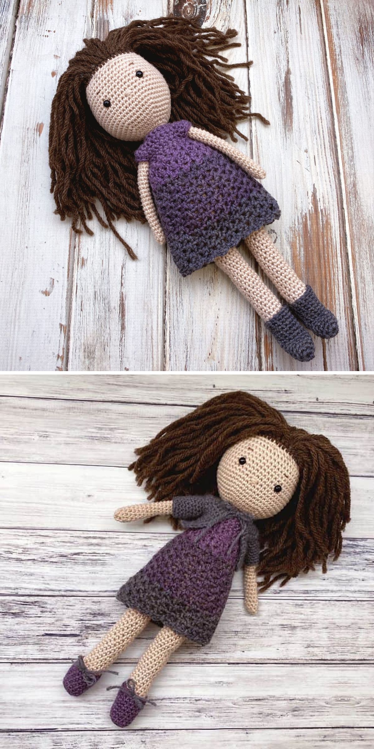 a crochet doll wearing a dress, cardigan and shoes