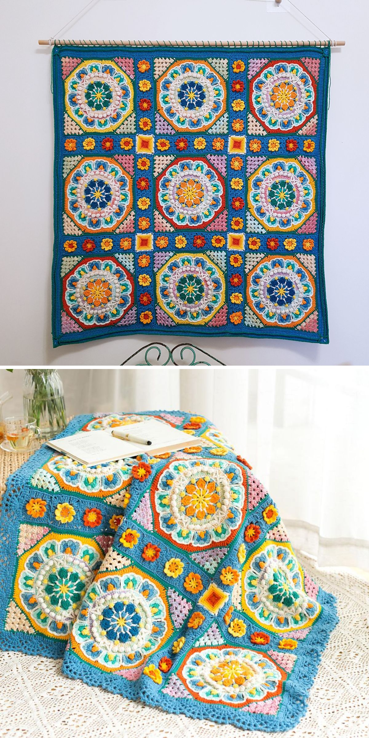 an intricate crochet blanket design with airy lace motifs and raised 3D flowers