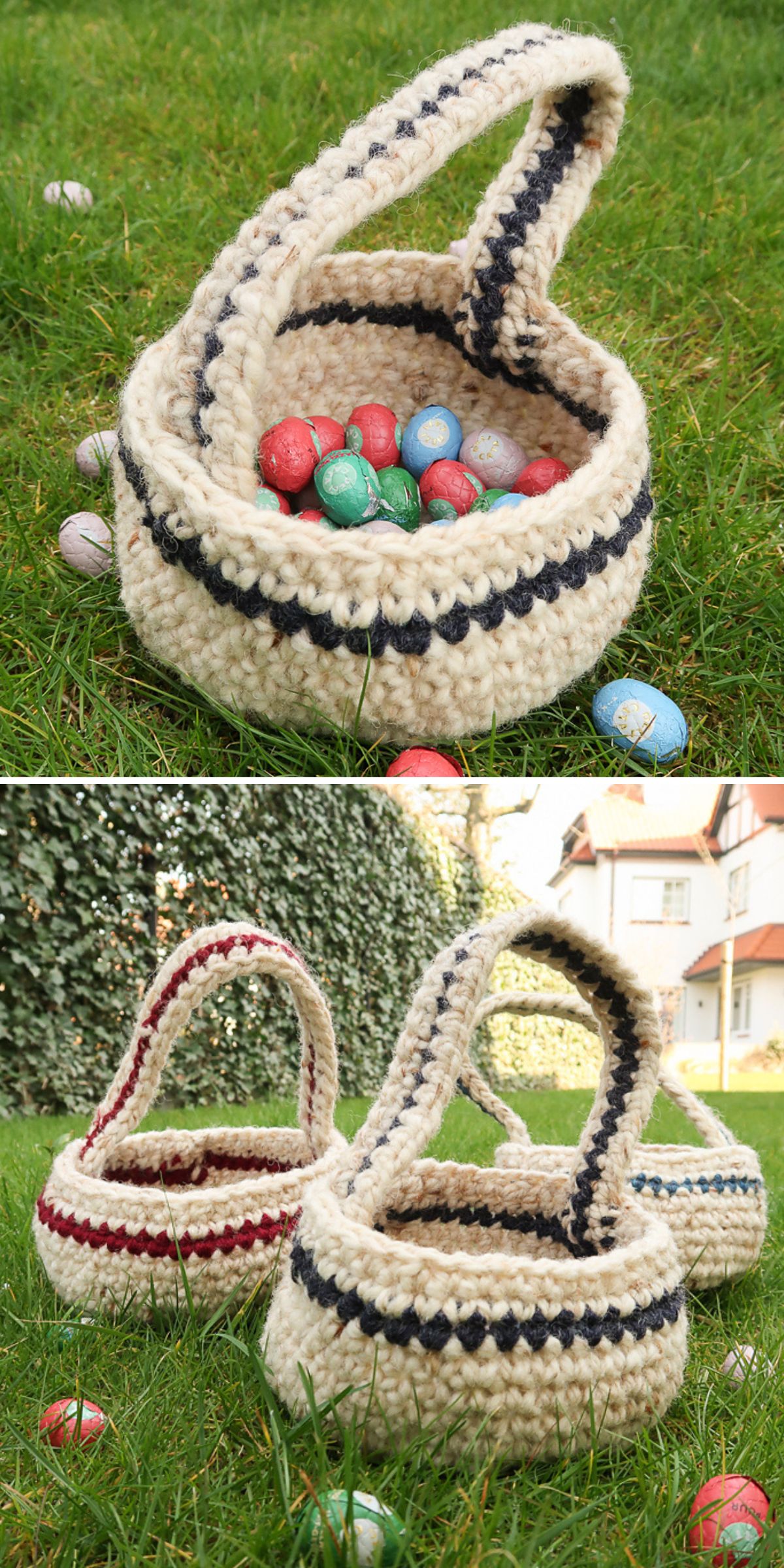 three handmade Easter baskets with chocolate Easter eggs inside