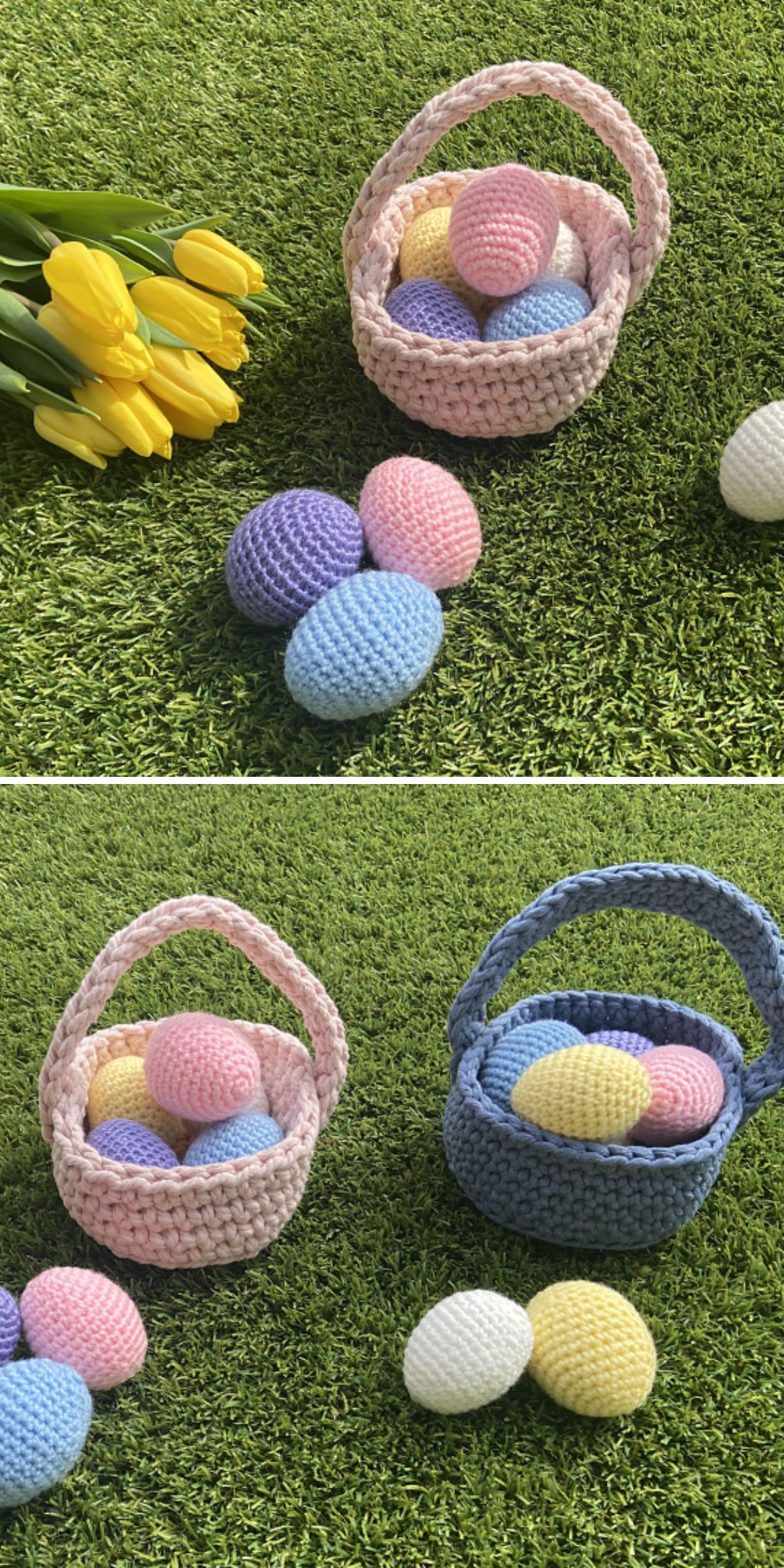 a crocheted basket with handmade yarn Easter eggs