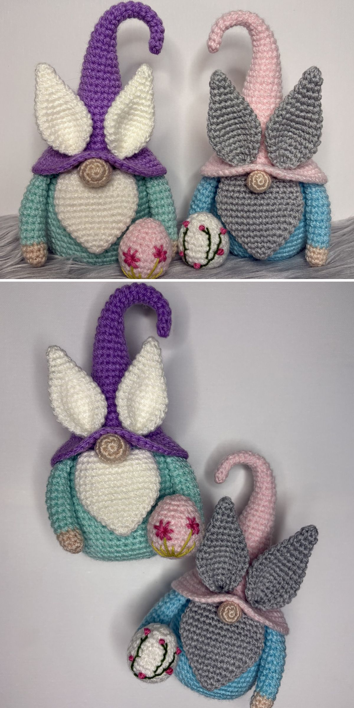 Two crocheted gnome dolls with large hats and ears sit next to each other, each holding a small, round, decorated Easter egg — perfect as charming crochet Easter decorations; shown both upright and lying down.