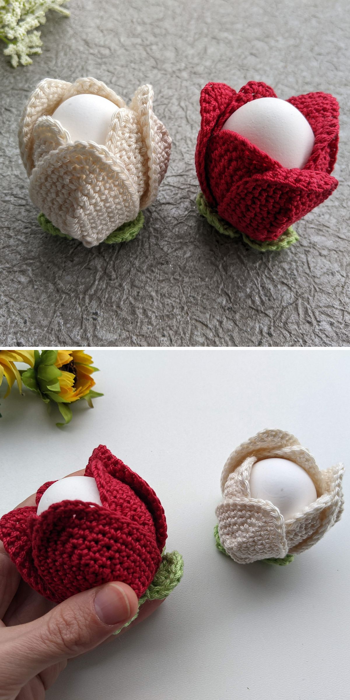 Two eggs are held in crochet Easter decorations shaped like flowers, one red and one cream, with green bases. The holders are shown from different angles.