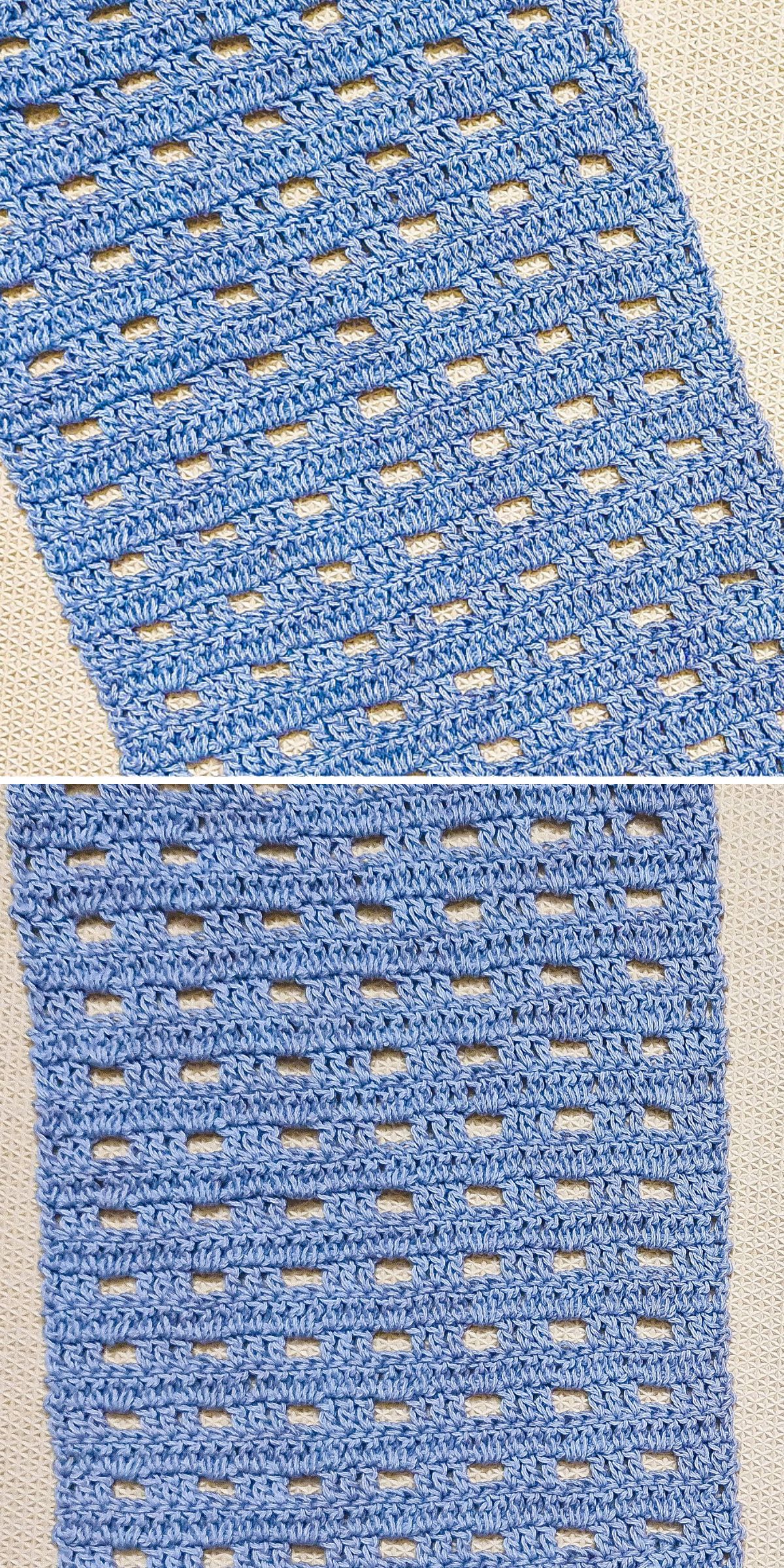 a simple rectangular table runner featuring an open-eyelet stitch pattern in a blue color
