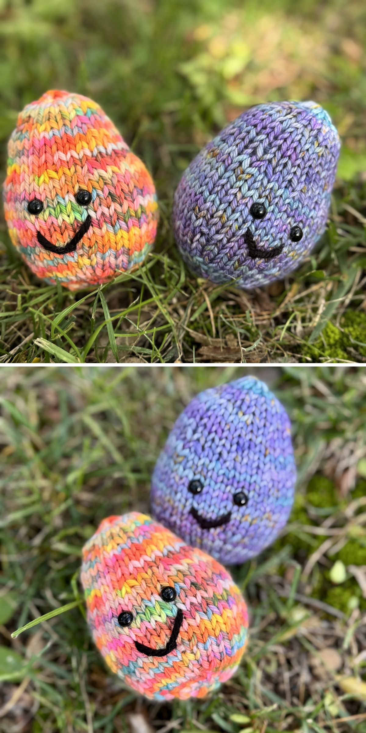 Two small, hand-knit stuffed figures with smiling faces — one multicolored and one purple — sit on grass in both photos, each holding a tiny easter egg.