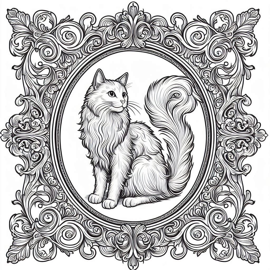Graceful long-haired cat seated inside an ornate Victorian frame — vintage-style cat coloring page with fine line details.