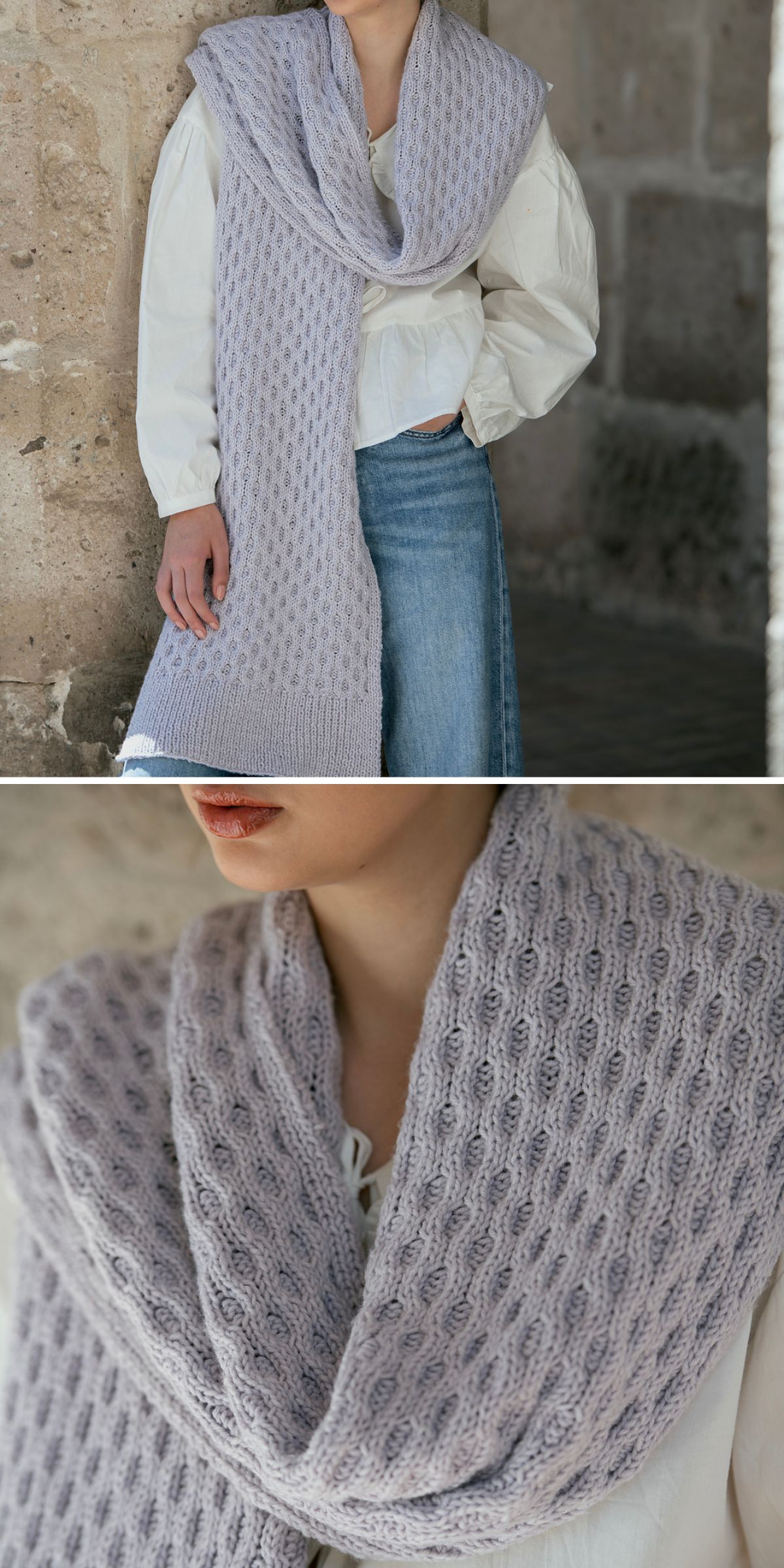 a long knit scarf in a grey color