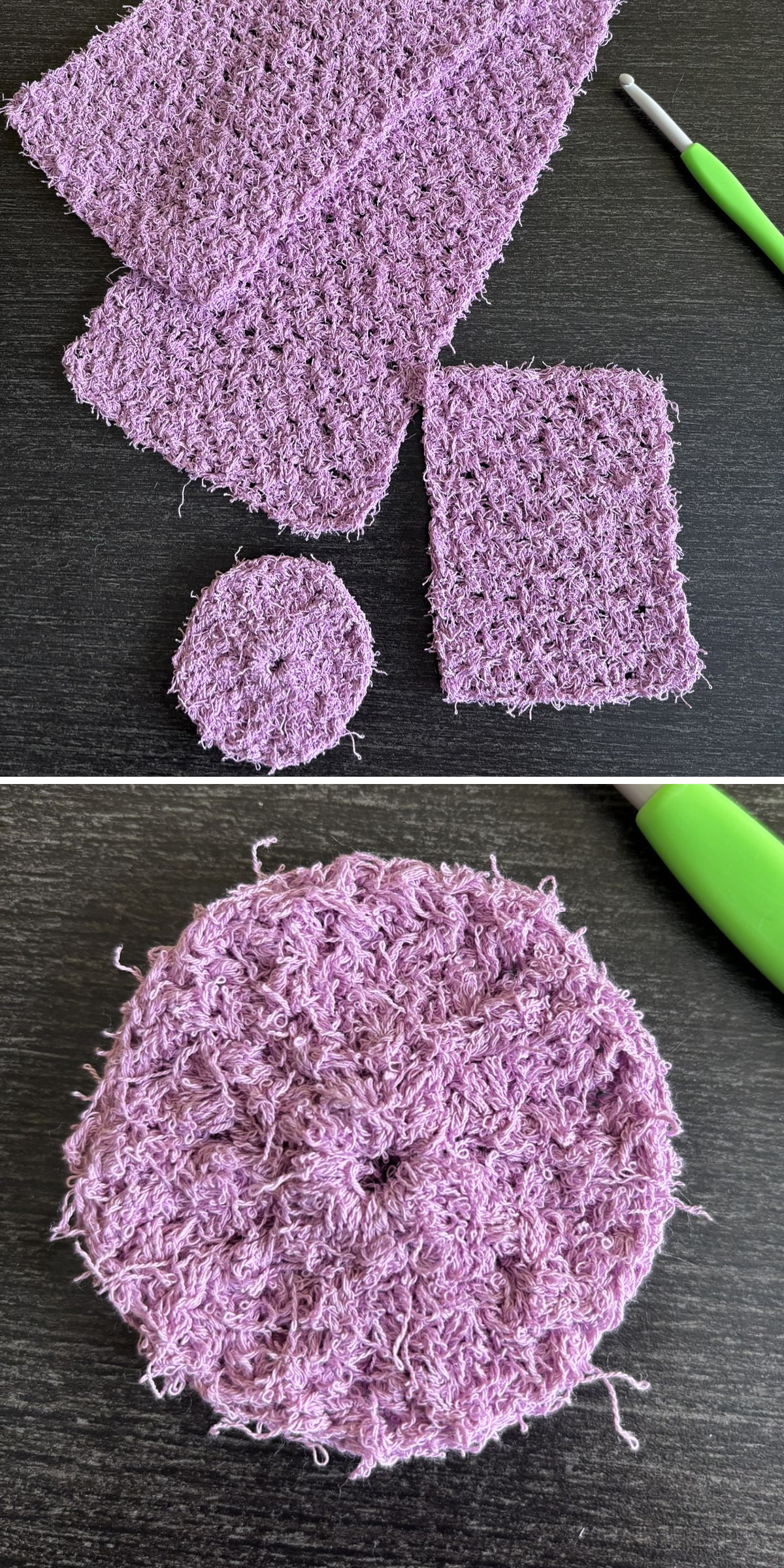 a crochet facial scrubbie set in a violet color