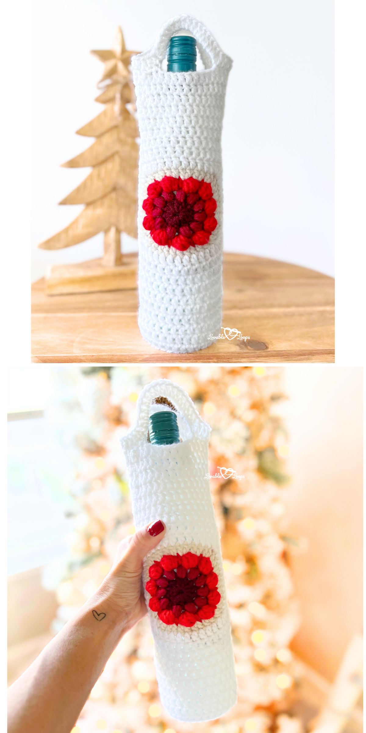 a white crochet bottle wine bag with a large red flower in the middle 