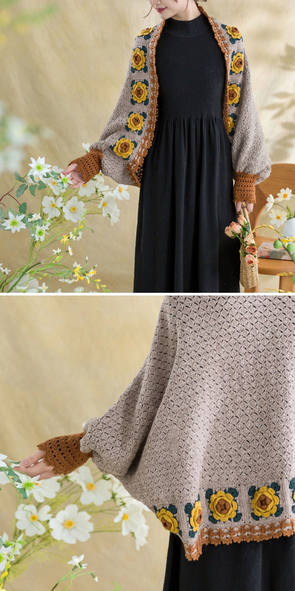 a crochet shrug with intricate flower details