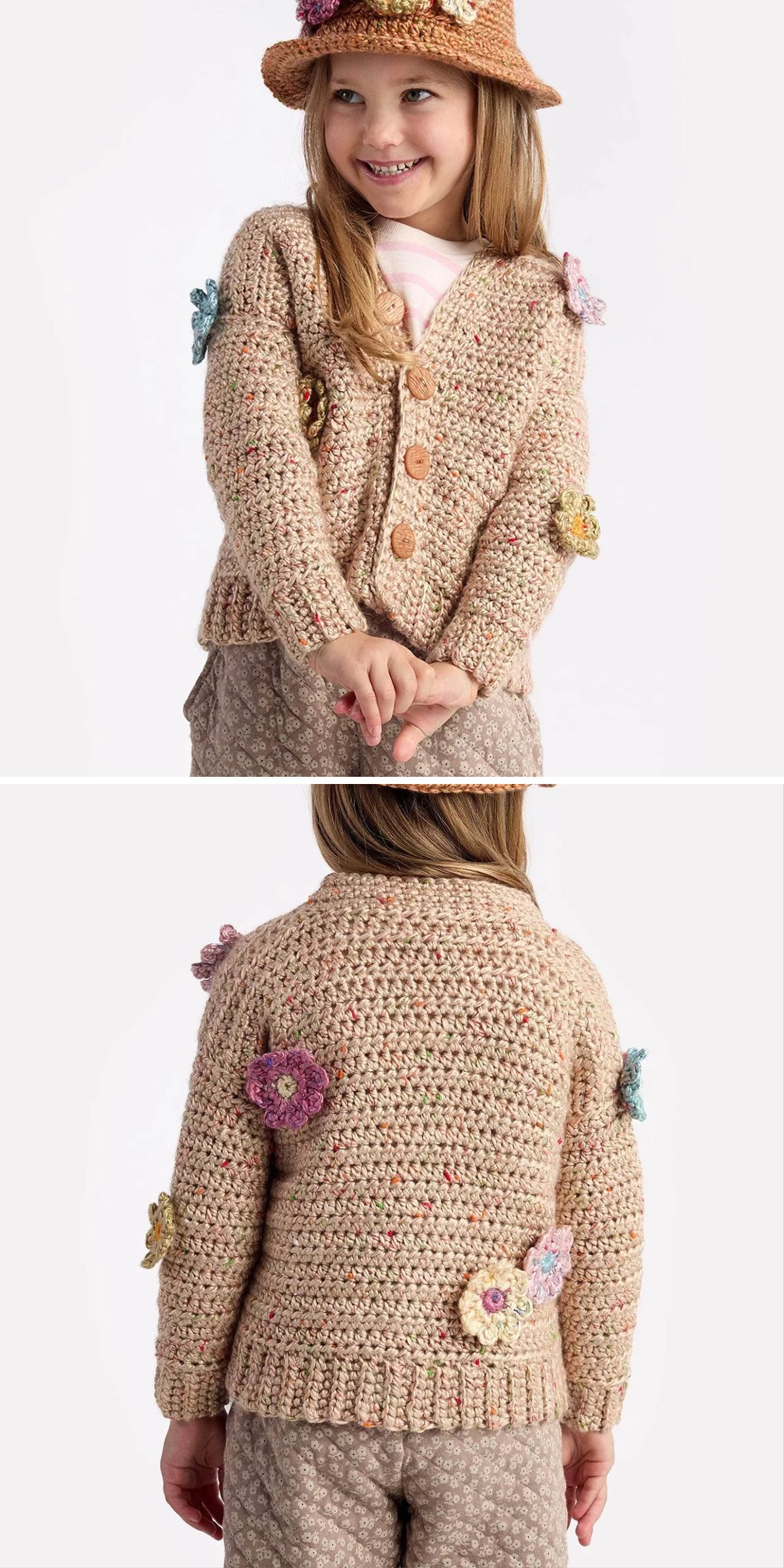 a lovely crochet cardigan for kids with flower appliques