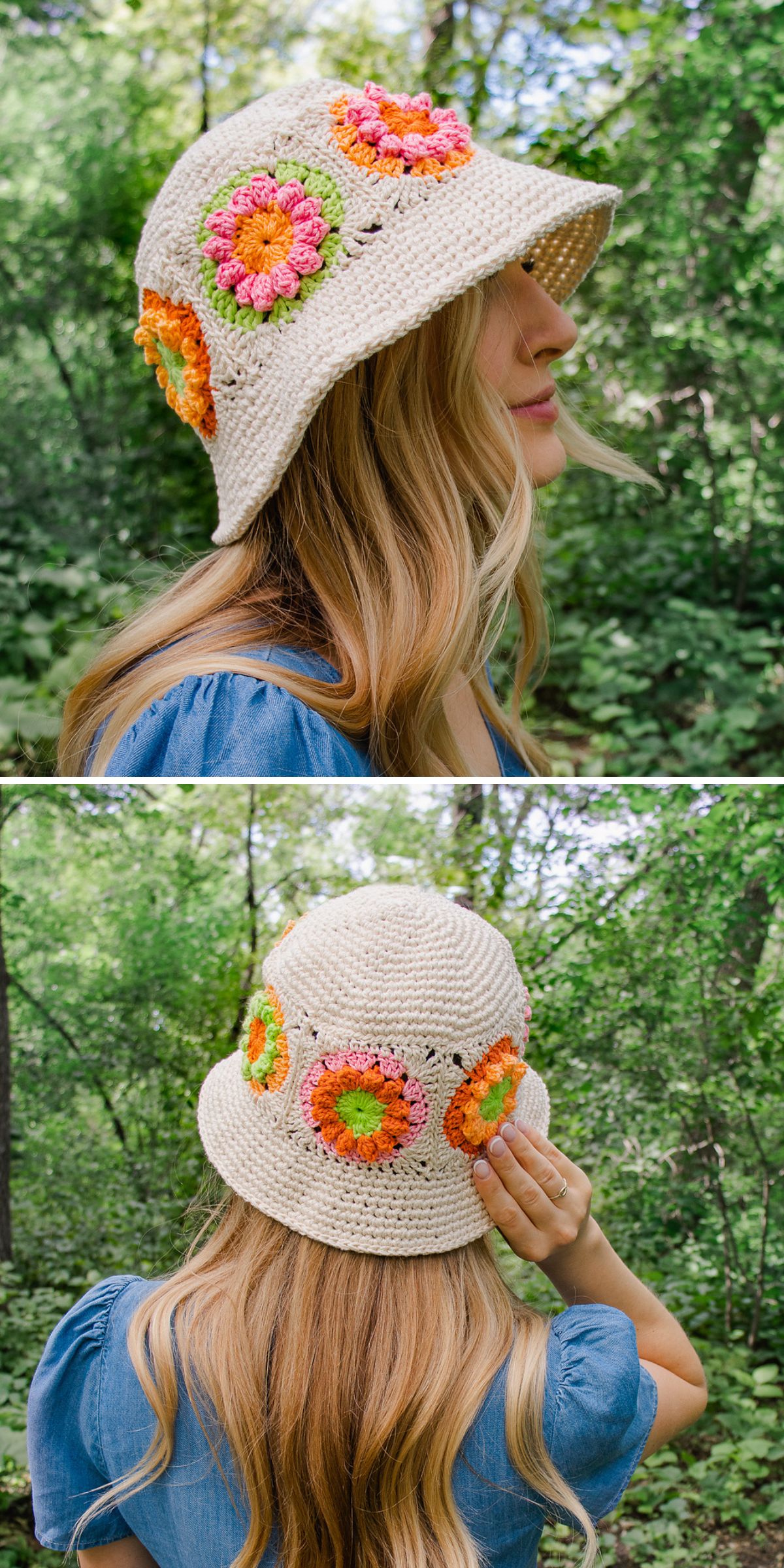 a crochet bucket bag built from granny squares with textured flower centers