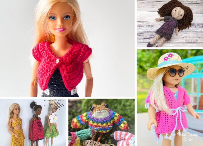 crochet doll clothes in different styles and colors