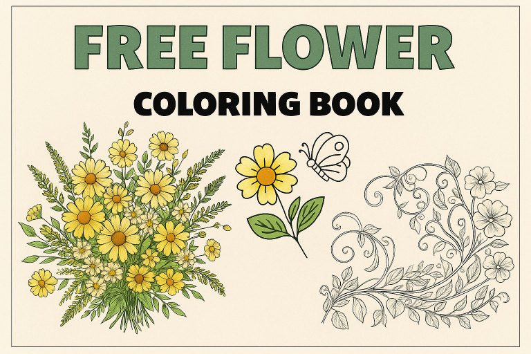 Free flower coloring book cover featuring bouquet, butterfly, and floral swirl designs