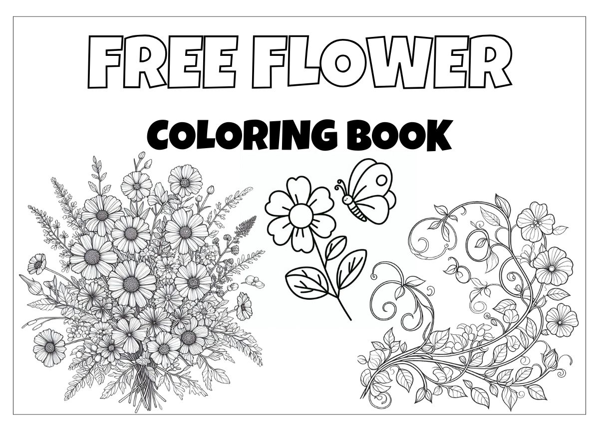Free flower coloring book cover featuring bouquet, butterfly, and floral swirl designs