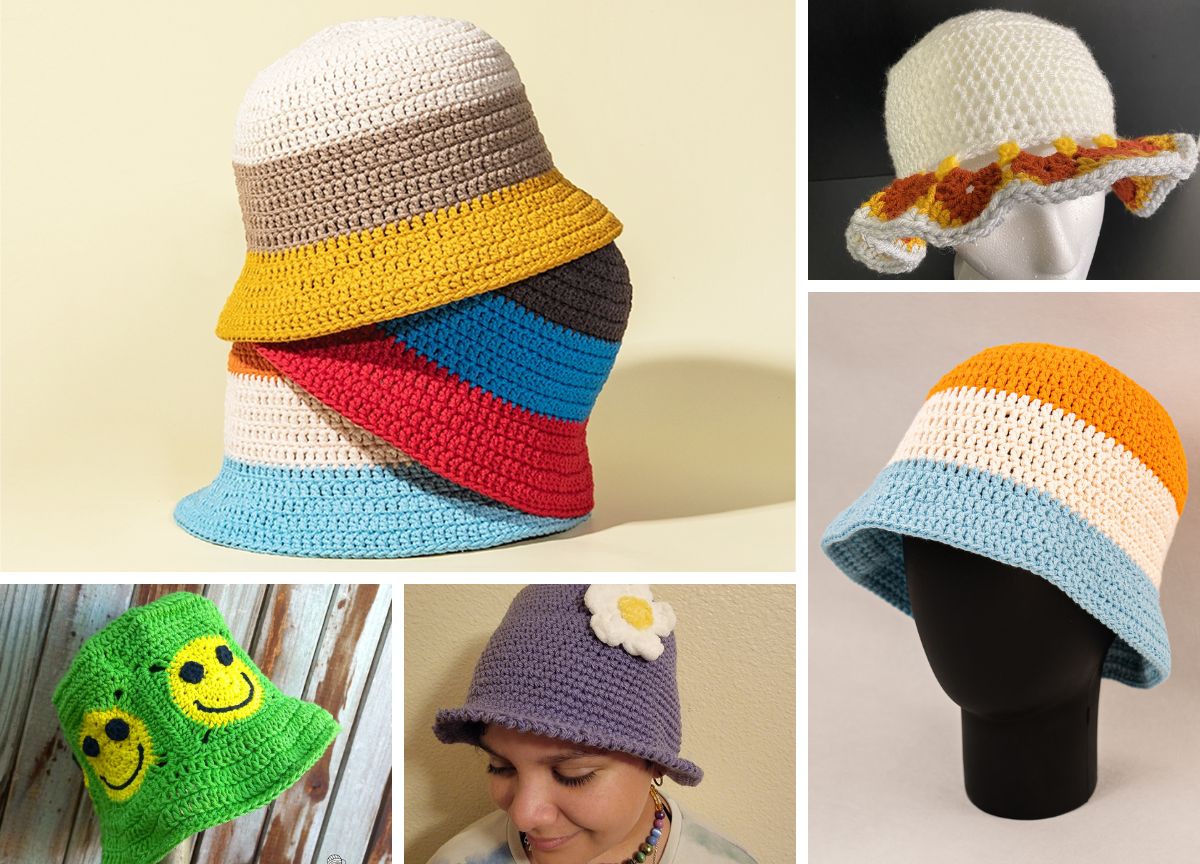 a collection of crochet bucket hats for spring and summer